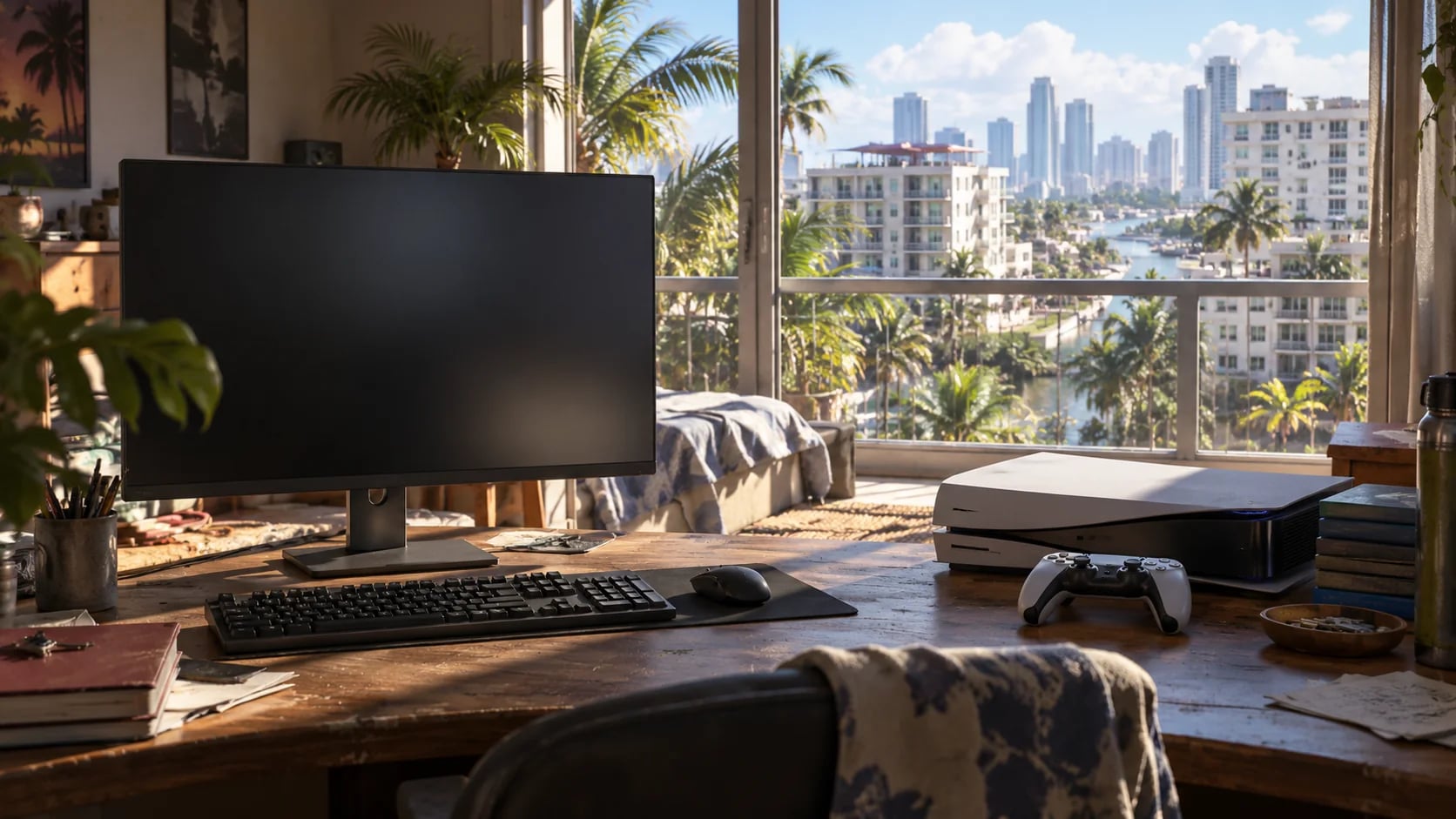 A computer and console in a modest South Florida apartment. AI-generated editorial illustration inspired by GTA VI graphics; not an official game screenshot.