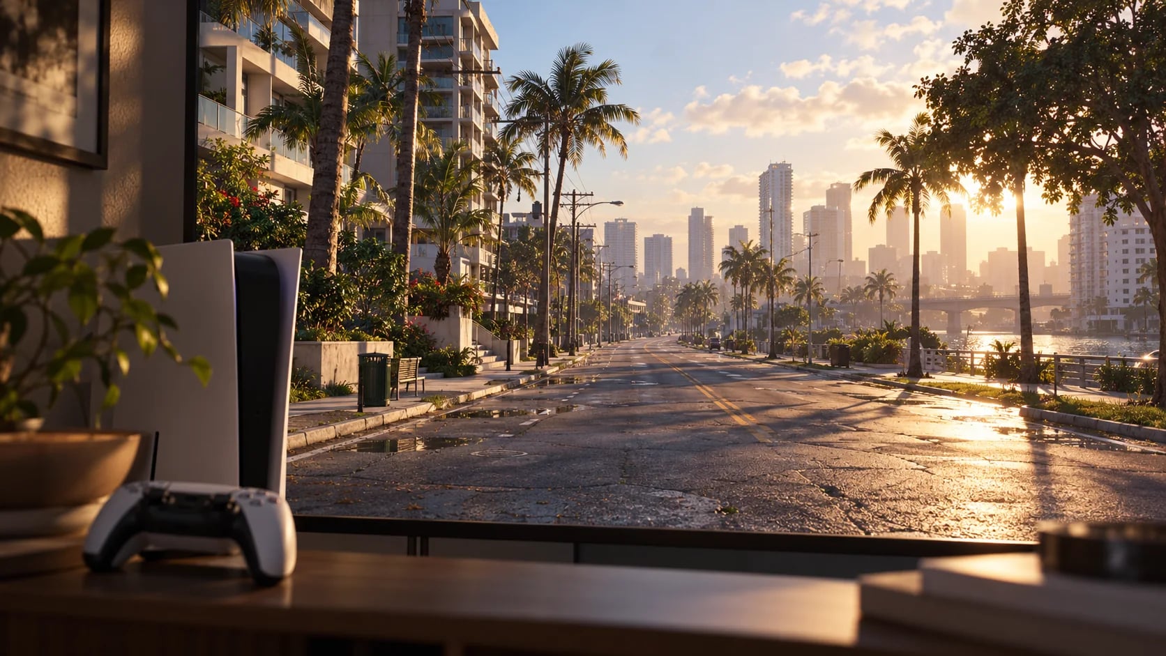 A console beside a view of a palm-lined boulevard. AI-generated editorial illustration inspired by GTA VI graphics; not an official game screenshot.