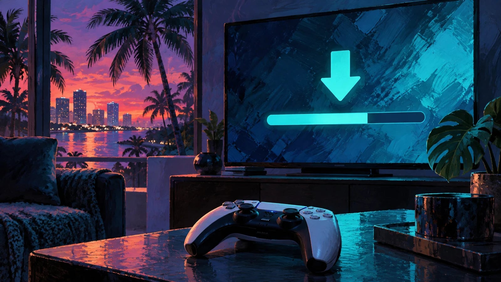 AI-generated editorial illustration: A console controller and an abstract download bar on a screen. Not an official game screenshot.