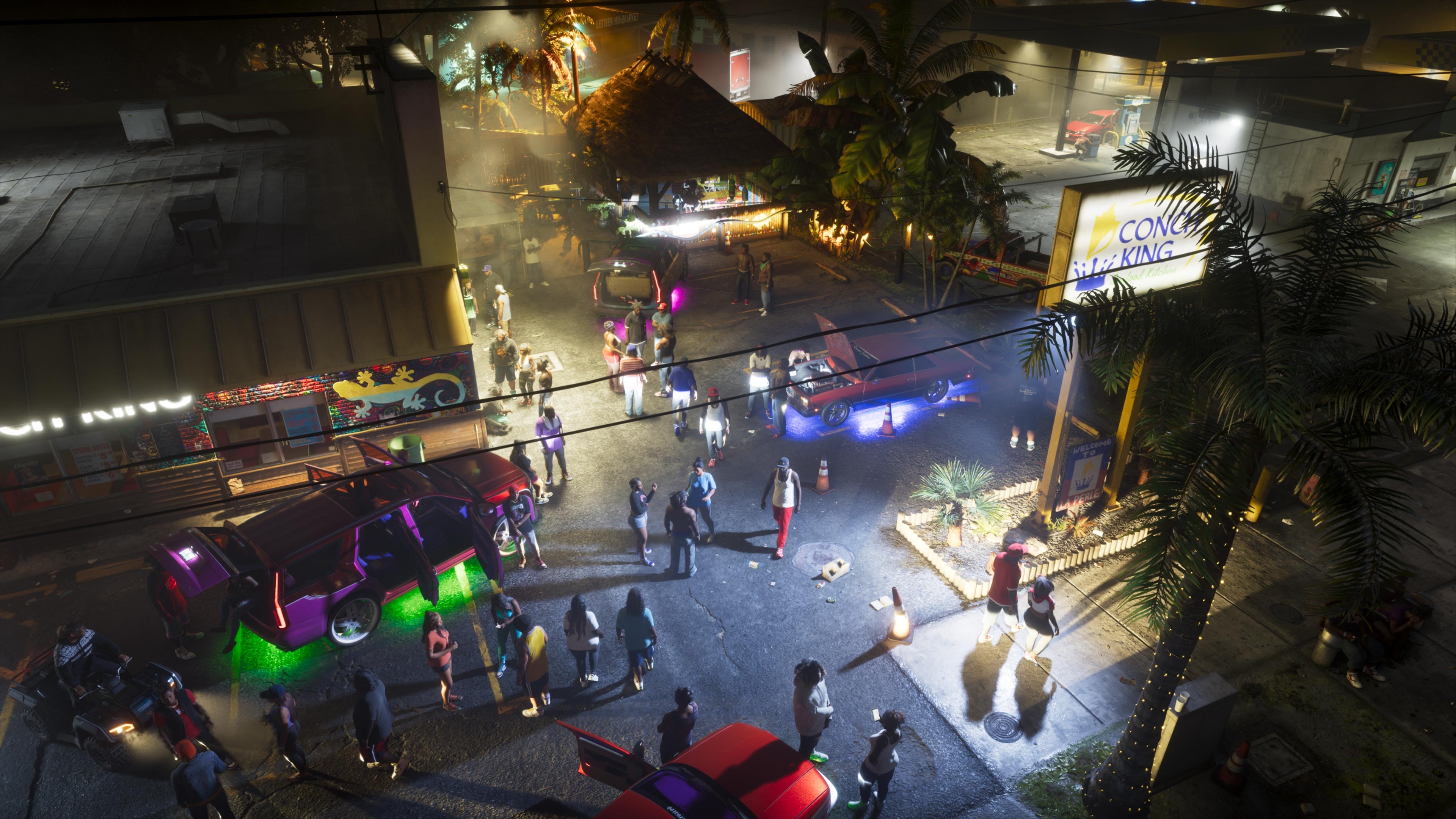 Ilustração oficial de rádios da Rockstar com encontro de carros à noite e veículos iluminados por neon em Leonida.