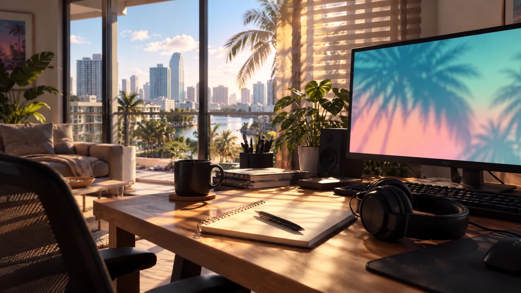 A journalist desk with headphones and a monitor near a city window. AI-generated editorial illustration inspired by GTA VI graphics; not an official game screenshot.