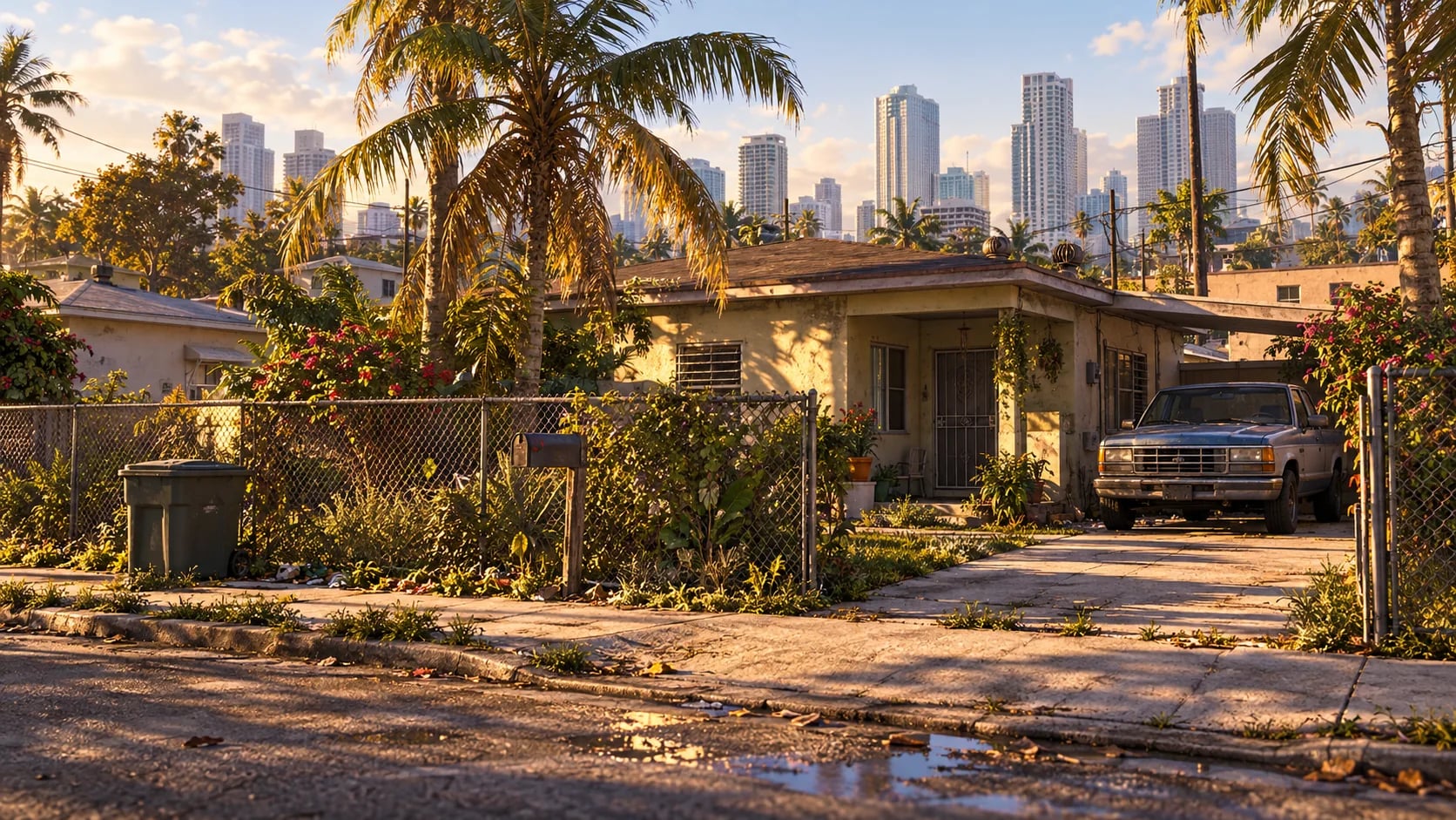 A modest South Florida bungalow with a driveway and parked car. AI-generated editorial illustration inspired by GTA VI graphics; not an official game screenshot.