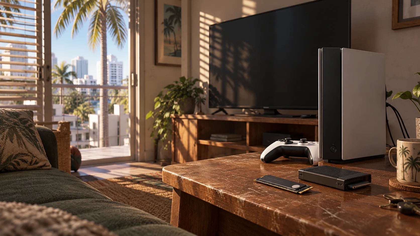 A console and storage devices in a modest apartment. AI-generated editorial illustration inspired by GTA VI graphics; not an official game screenshot.