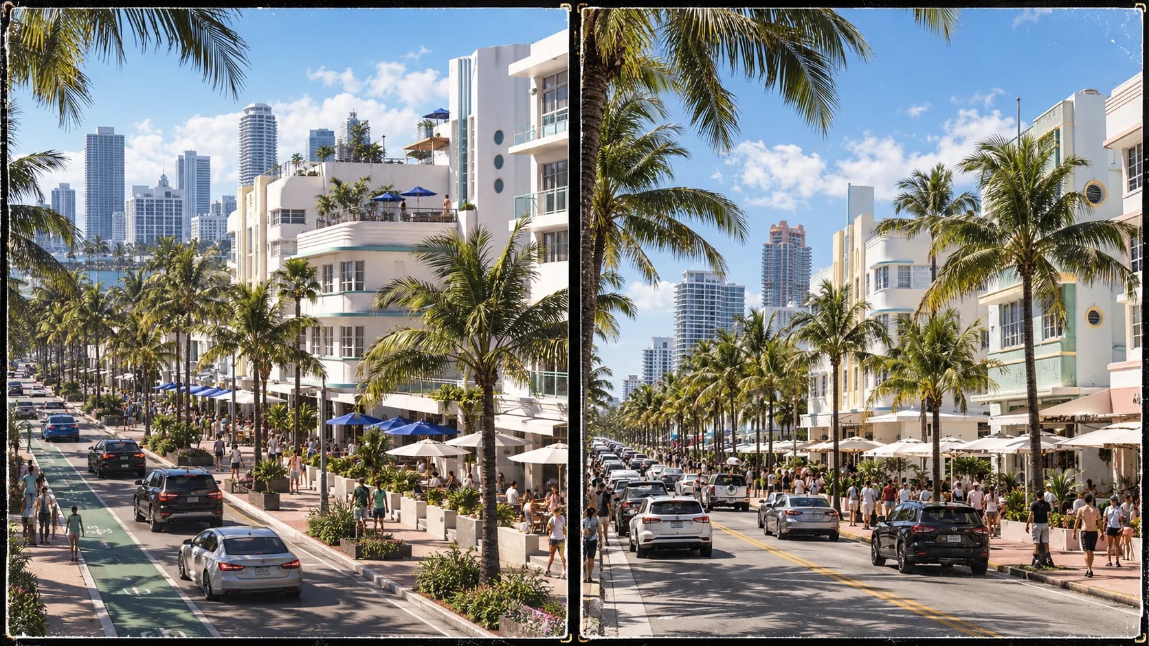 Two separate South Florida-style palm-lined boulevards shown side by side. AI-generated editorial illustration inspired by GTA VI graphics; not an official game screenshot.