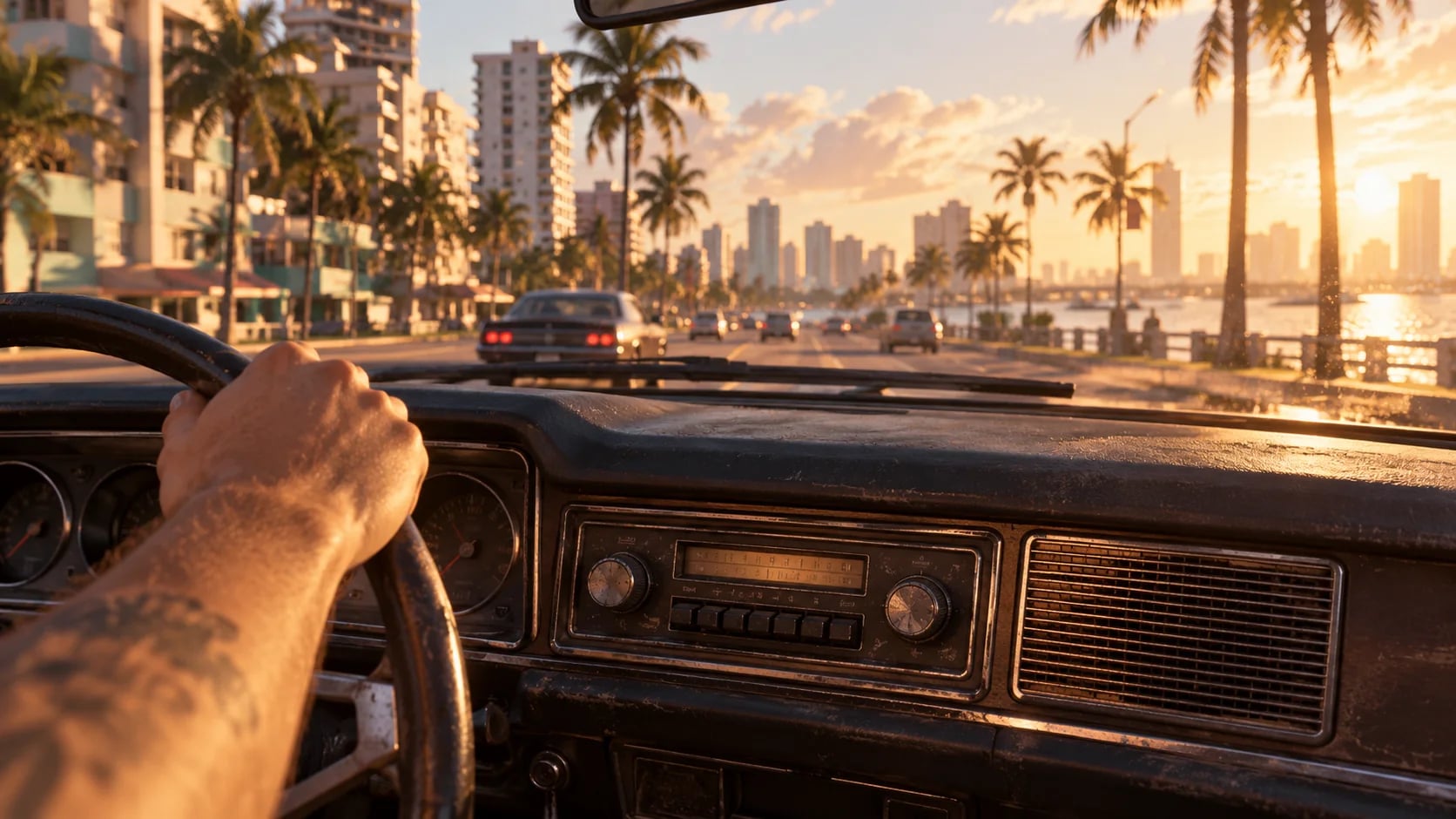 A car radio against a palm-lined coastal road at sunset. AI-generated editorial illustration inspired by GTA VI graphics; not an official game screenshot.