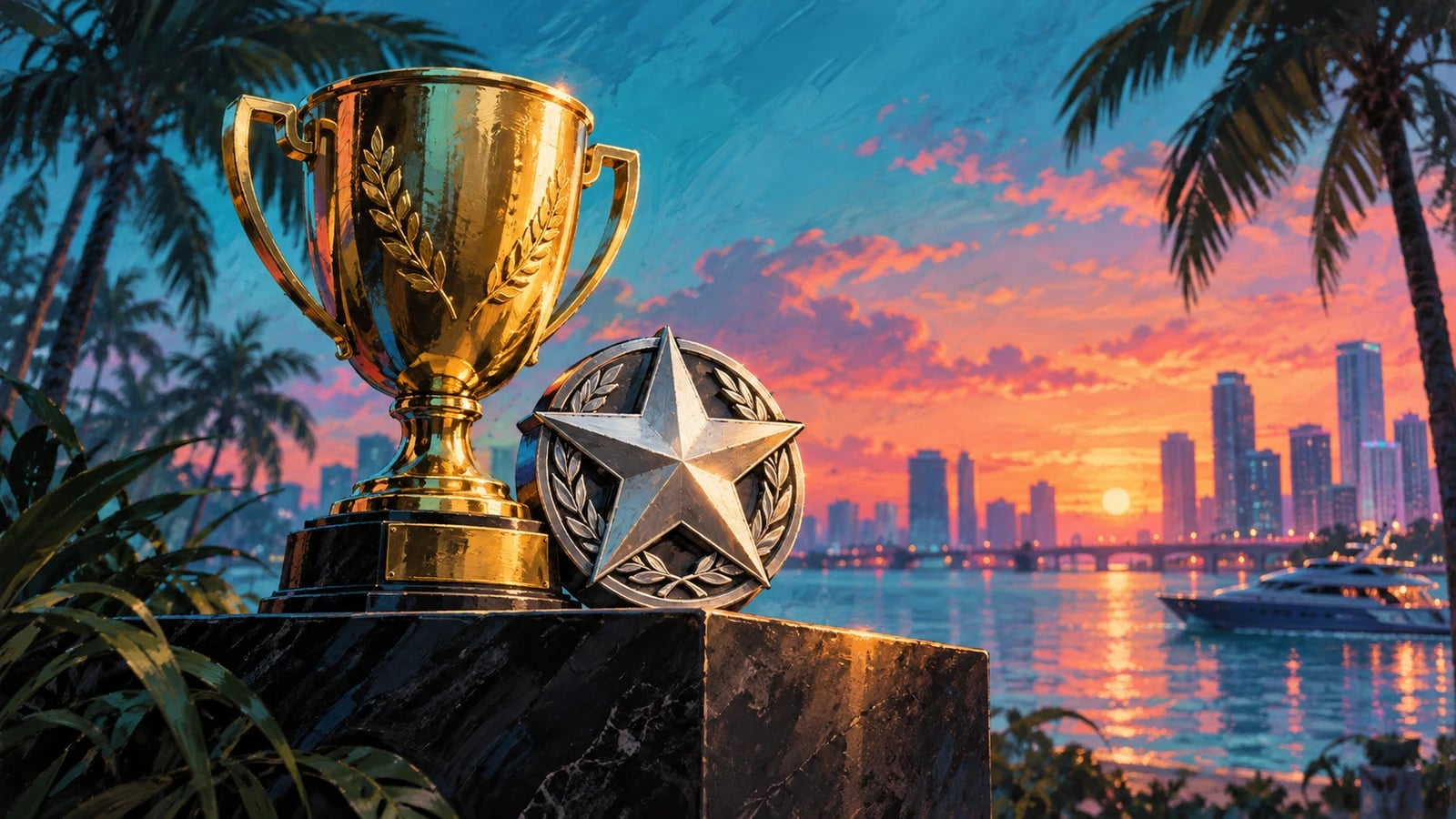 AI-generated editorial illustration: A gold trophy and a silver achievement medal. Not an official game screenshot.