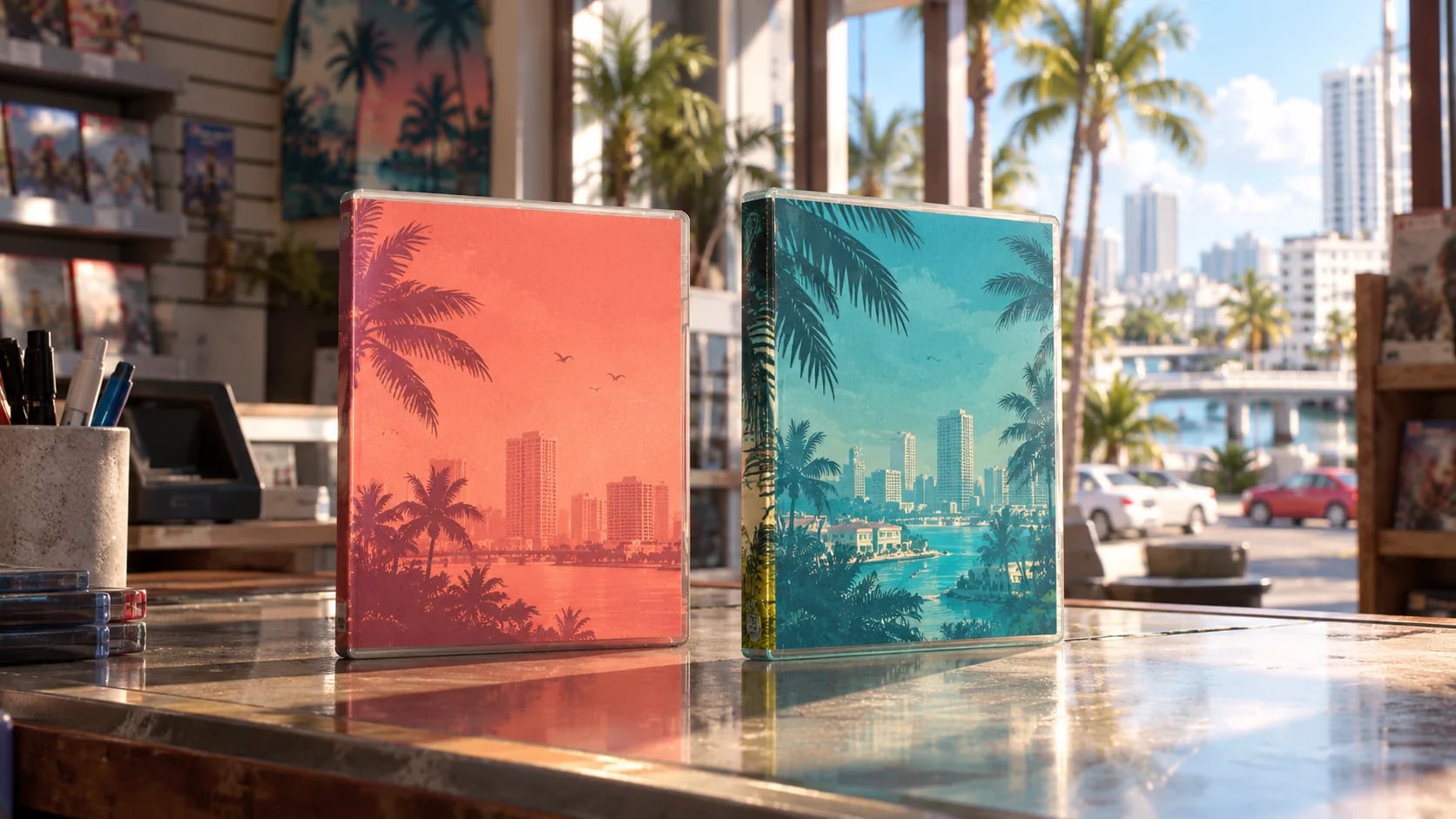 Two abstract game cases on a counter in a South Florida shop. AI-generated editorial illustration inspired by GTA VI graphics; not an official game screenshot.