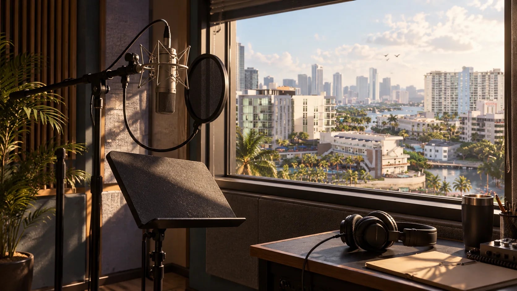 An empty recording booth with microphone and headphones near a sunny city. AI-generated editorial illustration inspired by GTA VI graphics; not an official game screenshot.