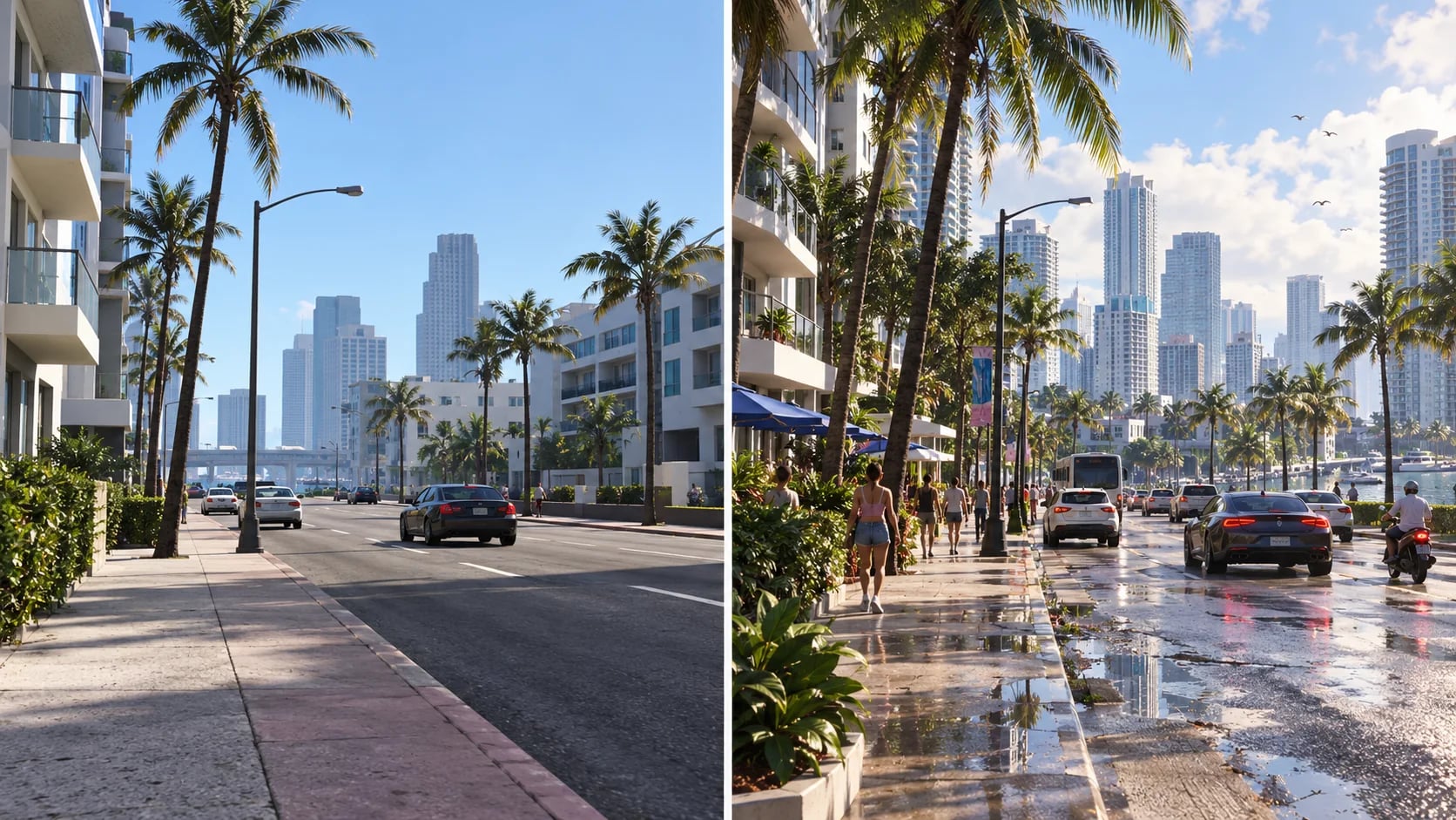 Two fictional coastal city streets shown side by side. AI-generated editorial illustration inspired by GTA VI graphics; not an official game screenshot.