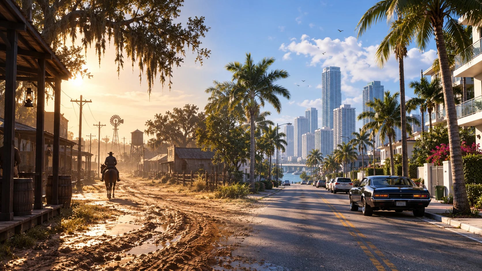 A frontier road and modern South Florida street shown side by side. AI-generated editorial illustration inspired by GTA VI graphics; not an official game screenshot.