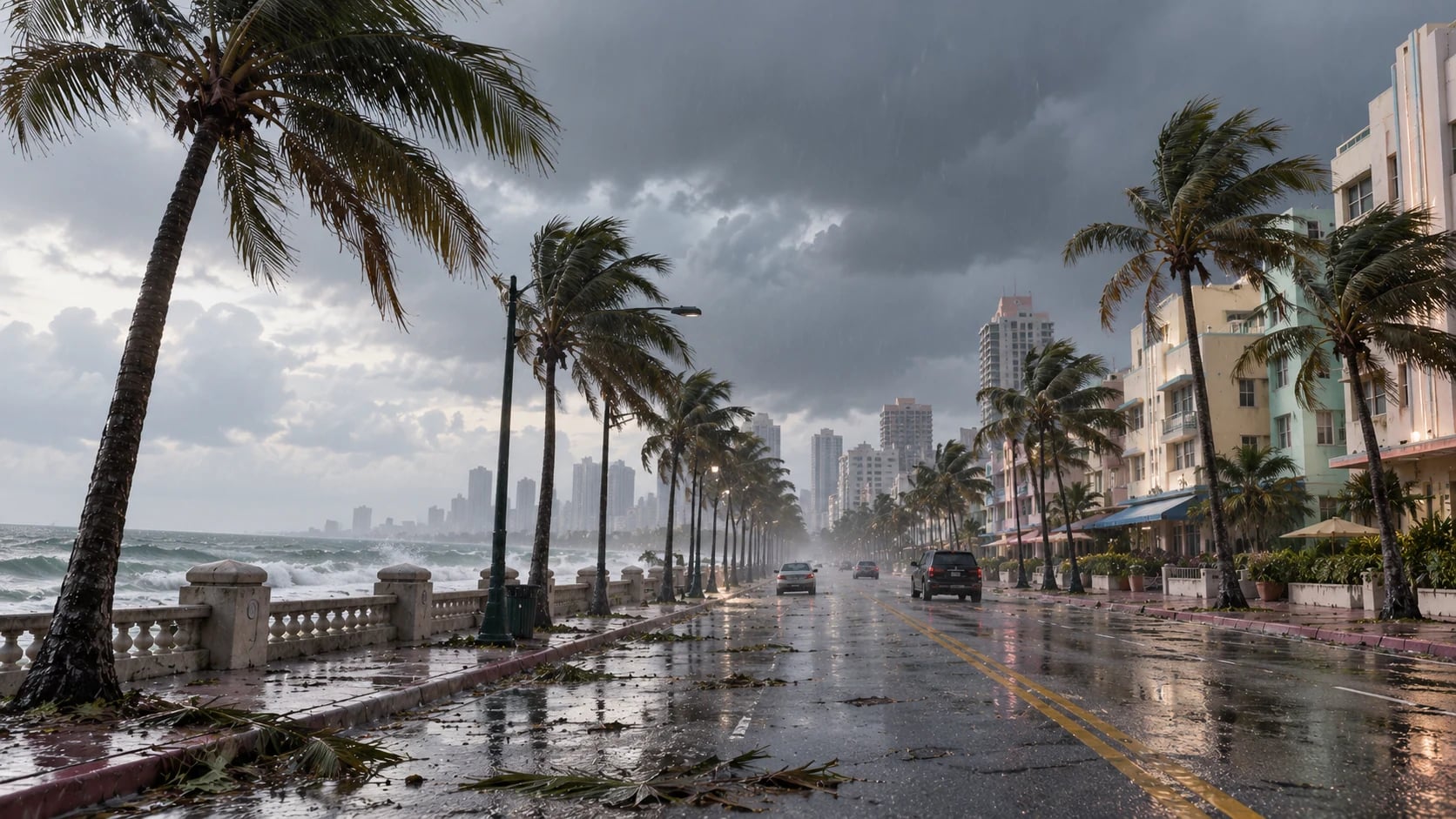 Ilustración editorial generada con IA e inspirada en los gráficos de GTA VI: un bulevar de Vice City con palmeras durante una tormenta tropical. No es una captura oficial.
