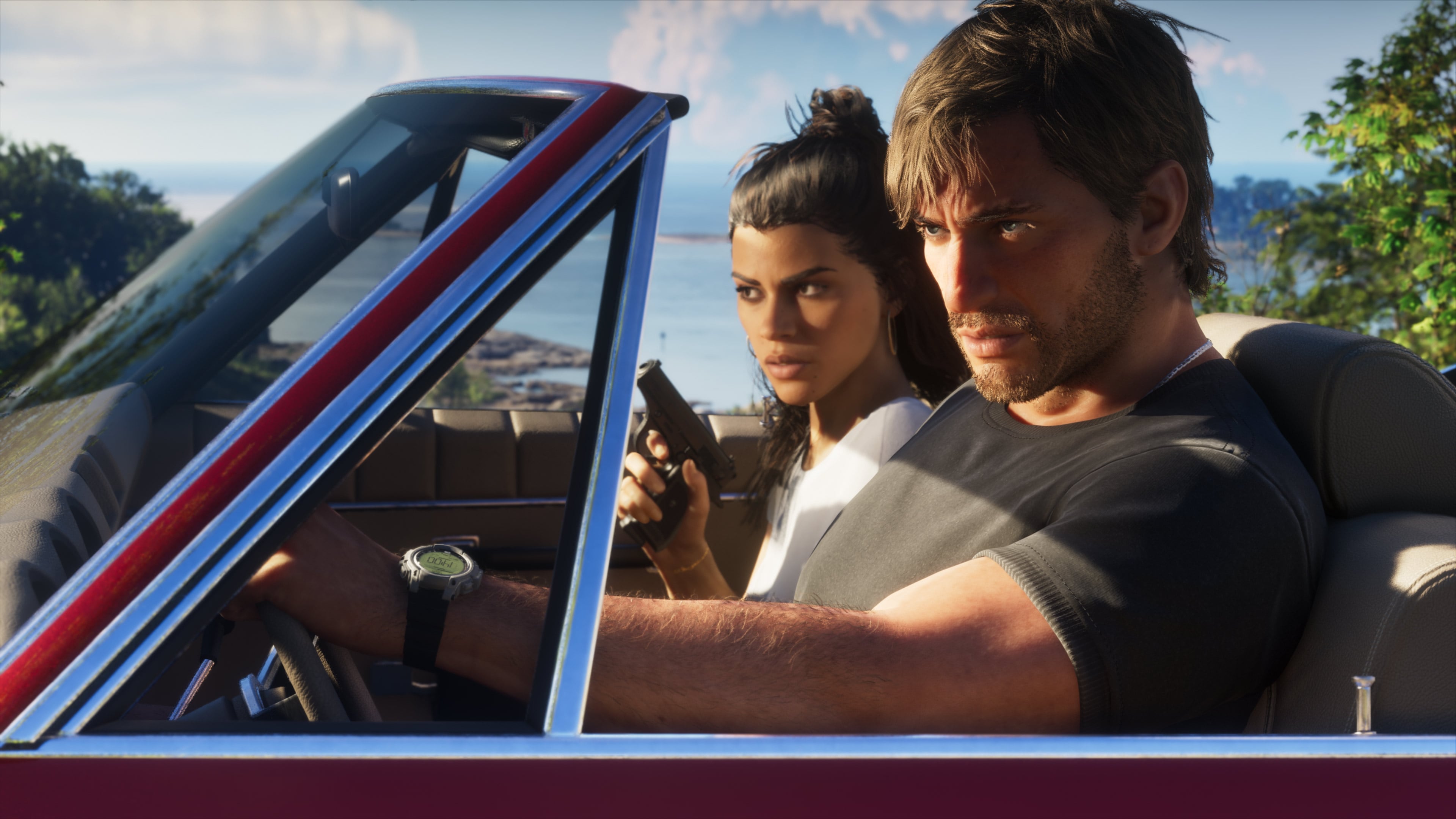 Официальный скриншот GTA VI: Джейсон и Лусия в кабриолете у побережья.