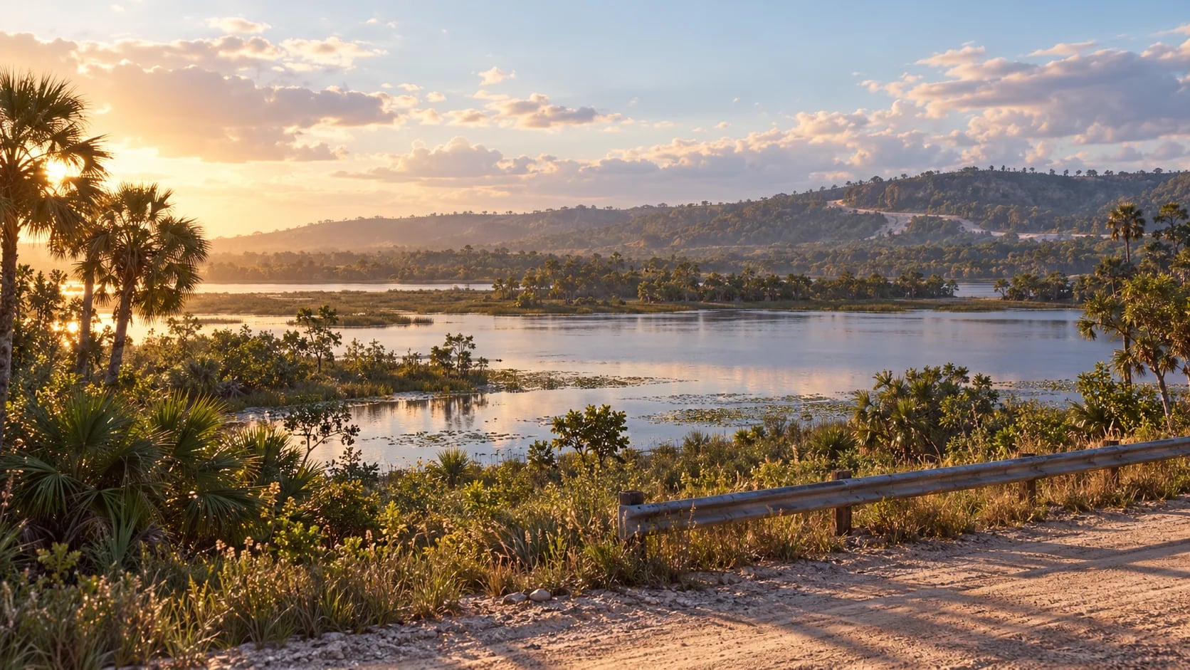 A calm freshwater lake and low wooded ridge beside a roadside. AI-generated editorial illustration inspired by GTA VI graphics; not an official game screenshot.