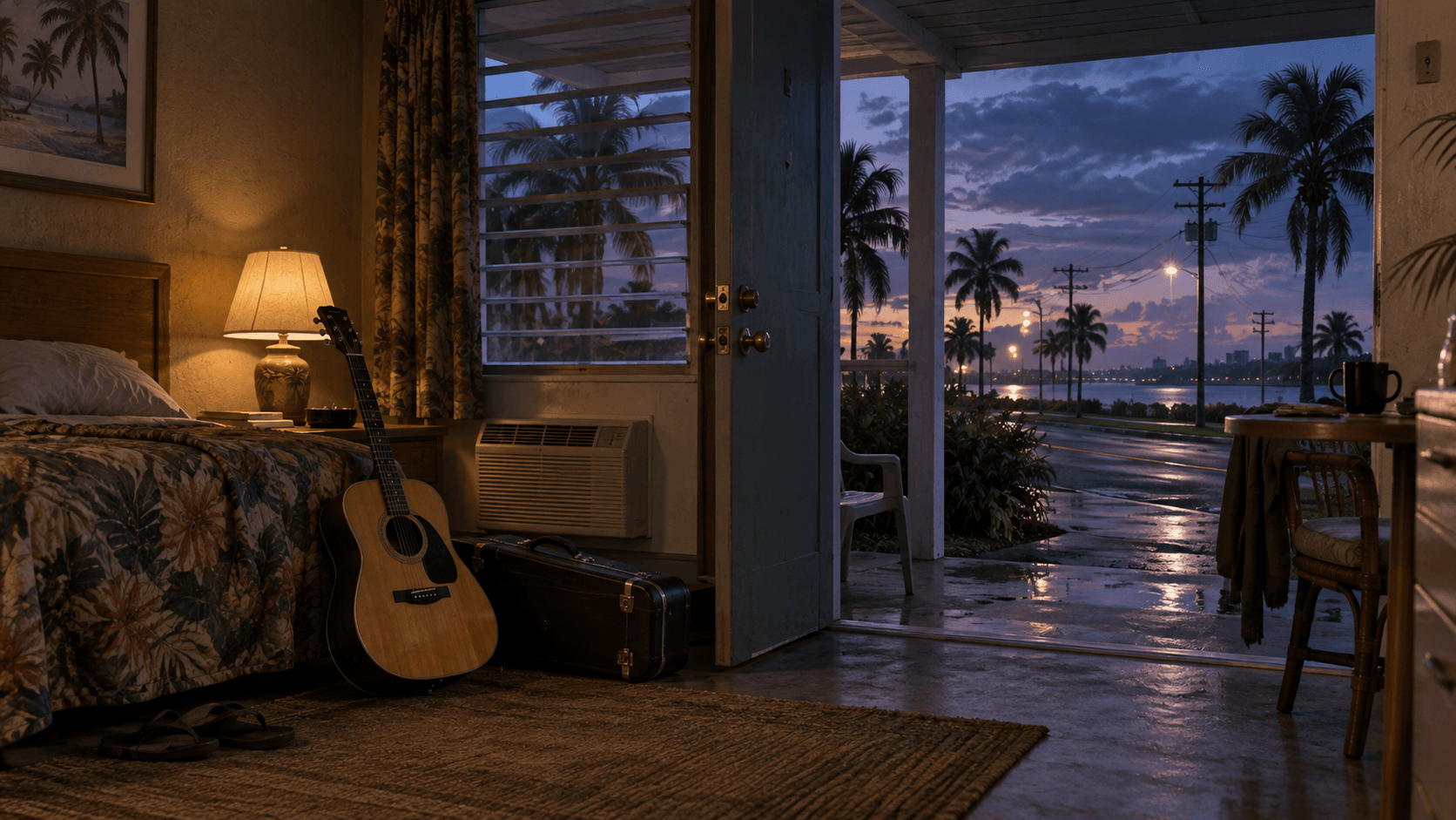 Ilustração editorial de IA de uma guitarra num motel à beira da estrada para a página Last Thing You Need; não é a arte oficial do single nem uma cena confirmada do jogo.