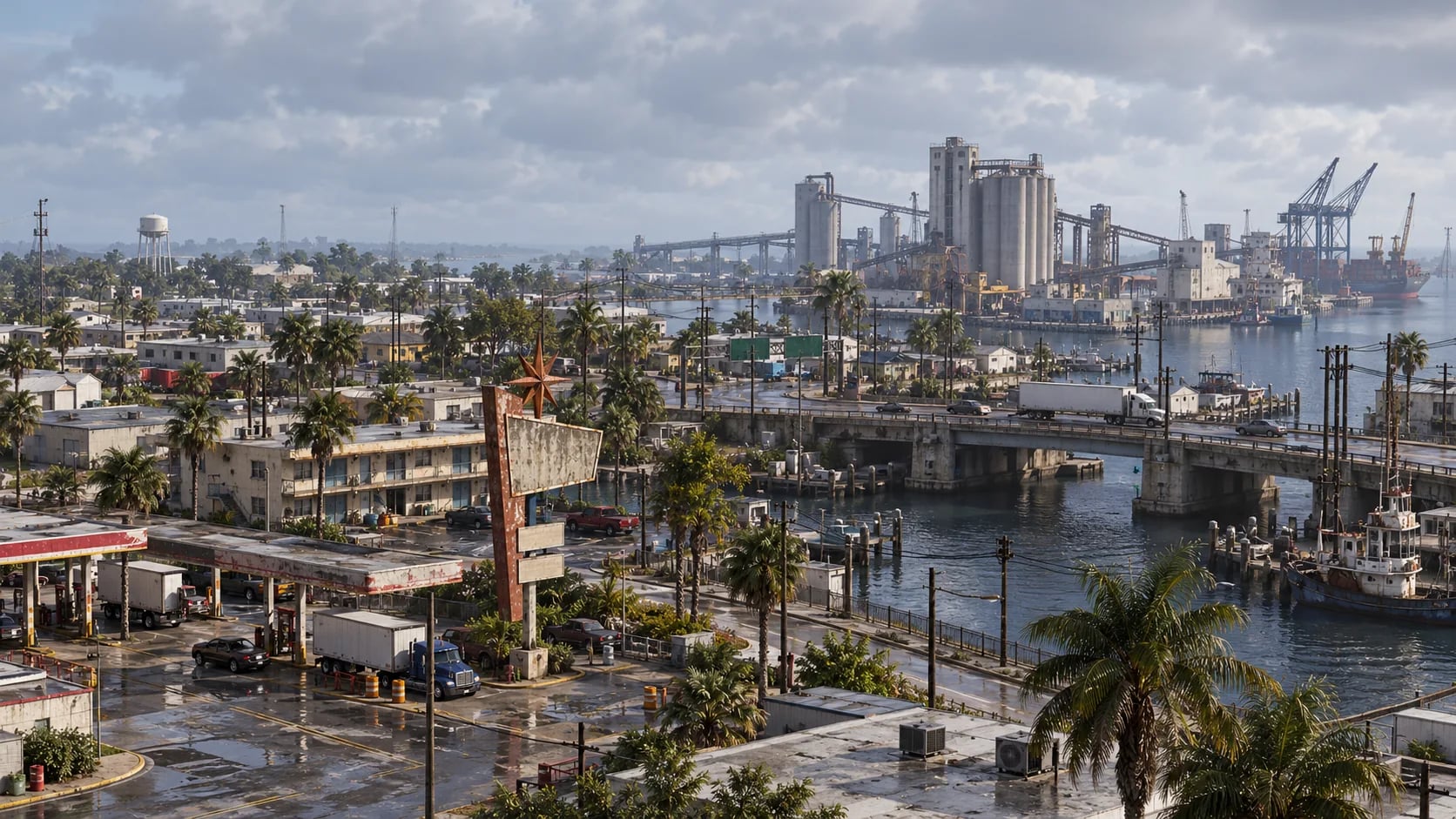 A weathered industrial port town on the Gulf Coast. AI-generated editorial illustration inspired by GTA VI graphics; not an official game screenshot.