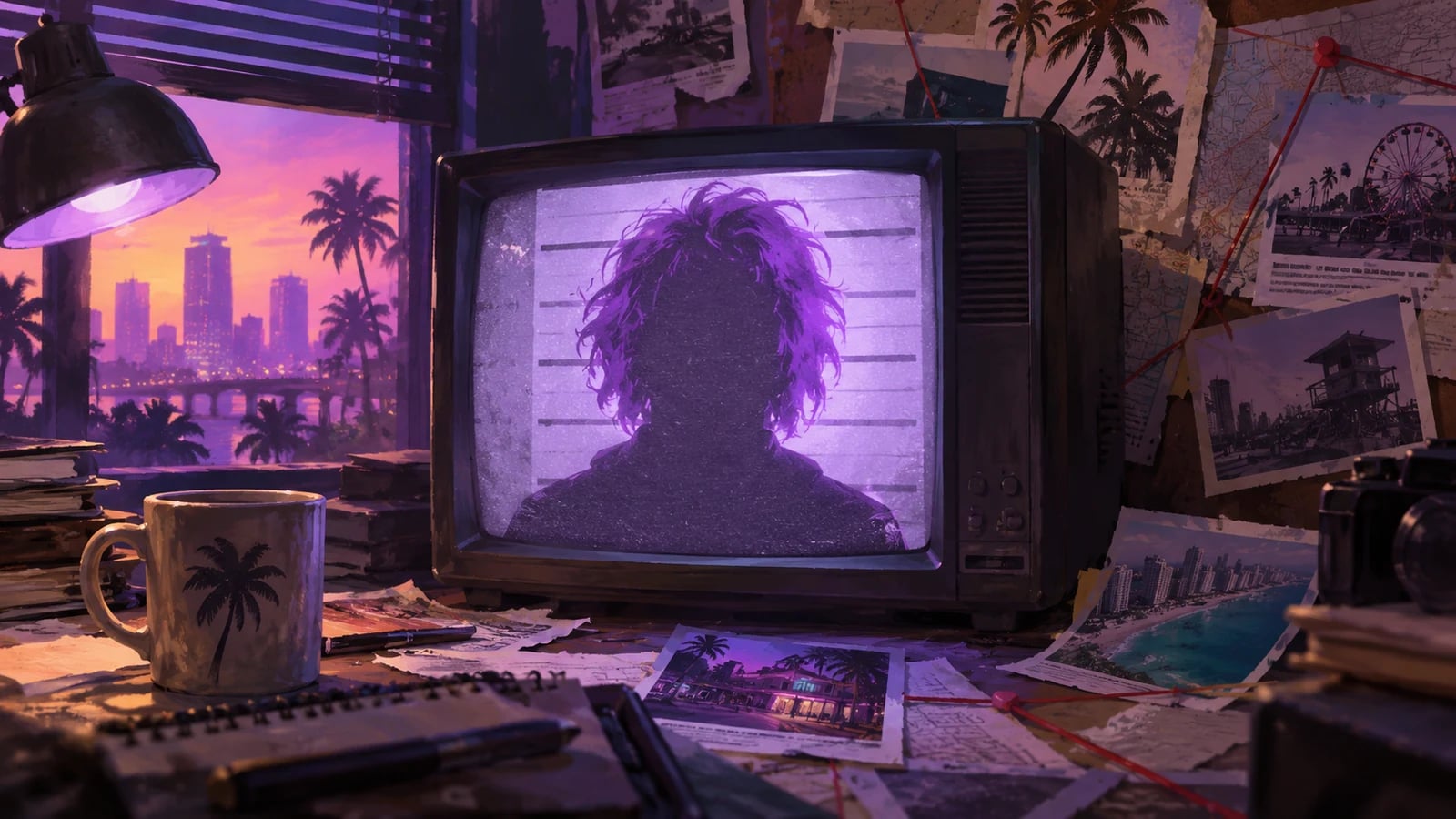 AI-generated editorial illustration: An anonymous purple-haired silhouette on a television in a newsroom. Not an official game screenshot.