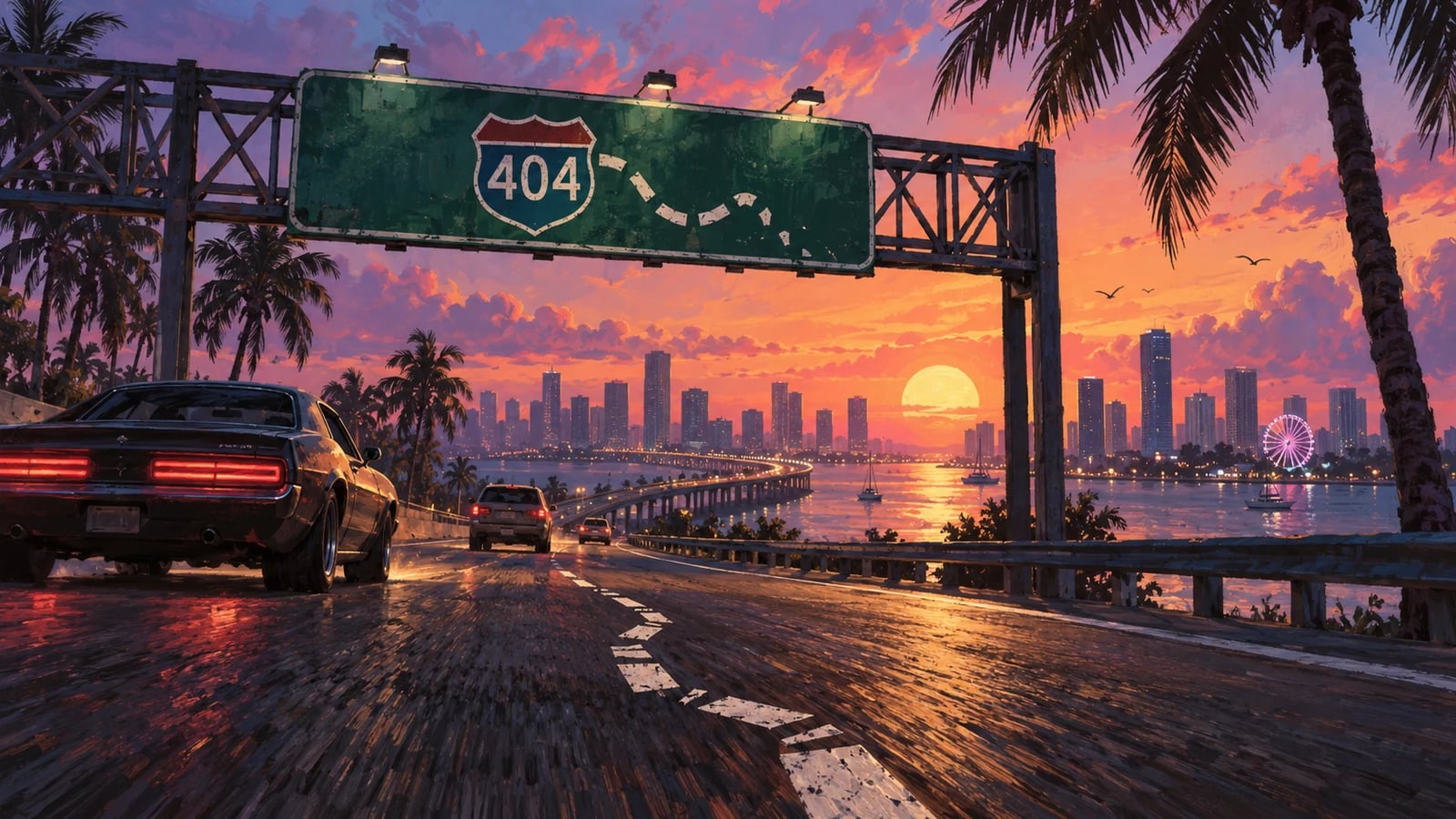 AI-generated editorial illustration: A fictional highway sign marked 404 above a coastal road. Not an official game screenshot.