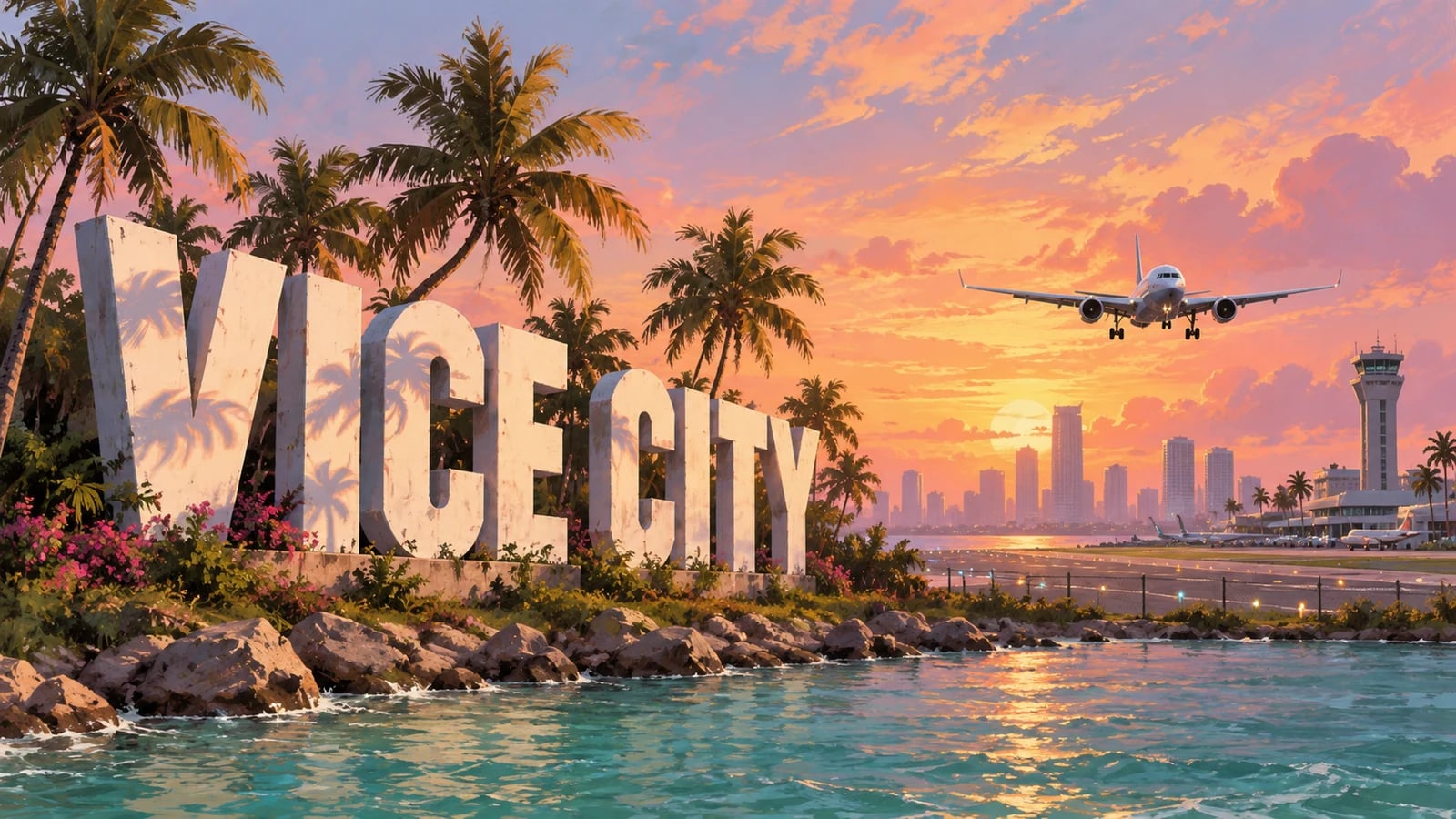 AI-generated editorial illustration: Oversized VICE CITY letters beside a fictional coastal airport. Not an official game screenshot.