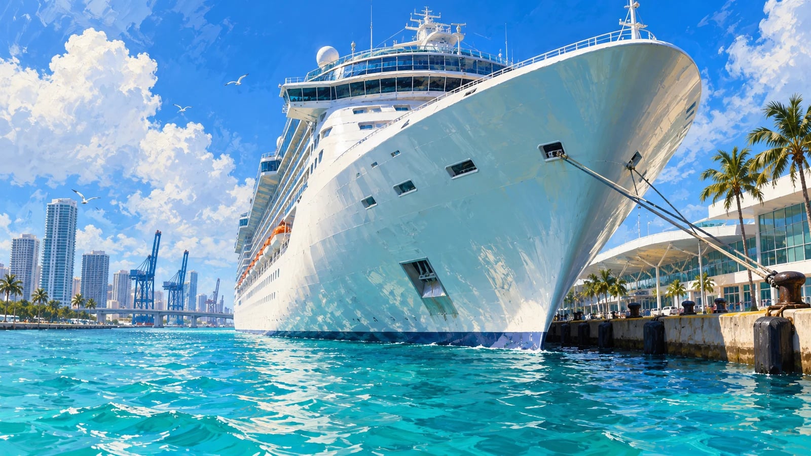 AI-generated editorial illustration: The bow of a cruise liner docked at a Miami-inspired terminal. Not an official game screenshot.
