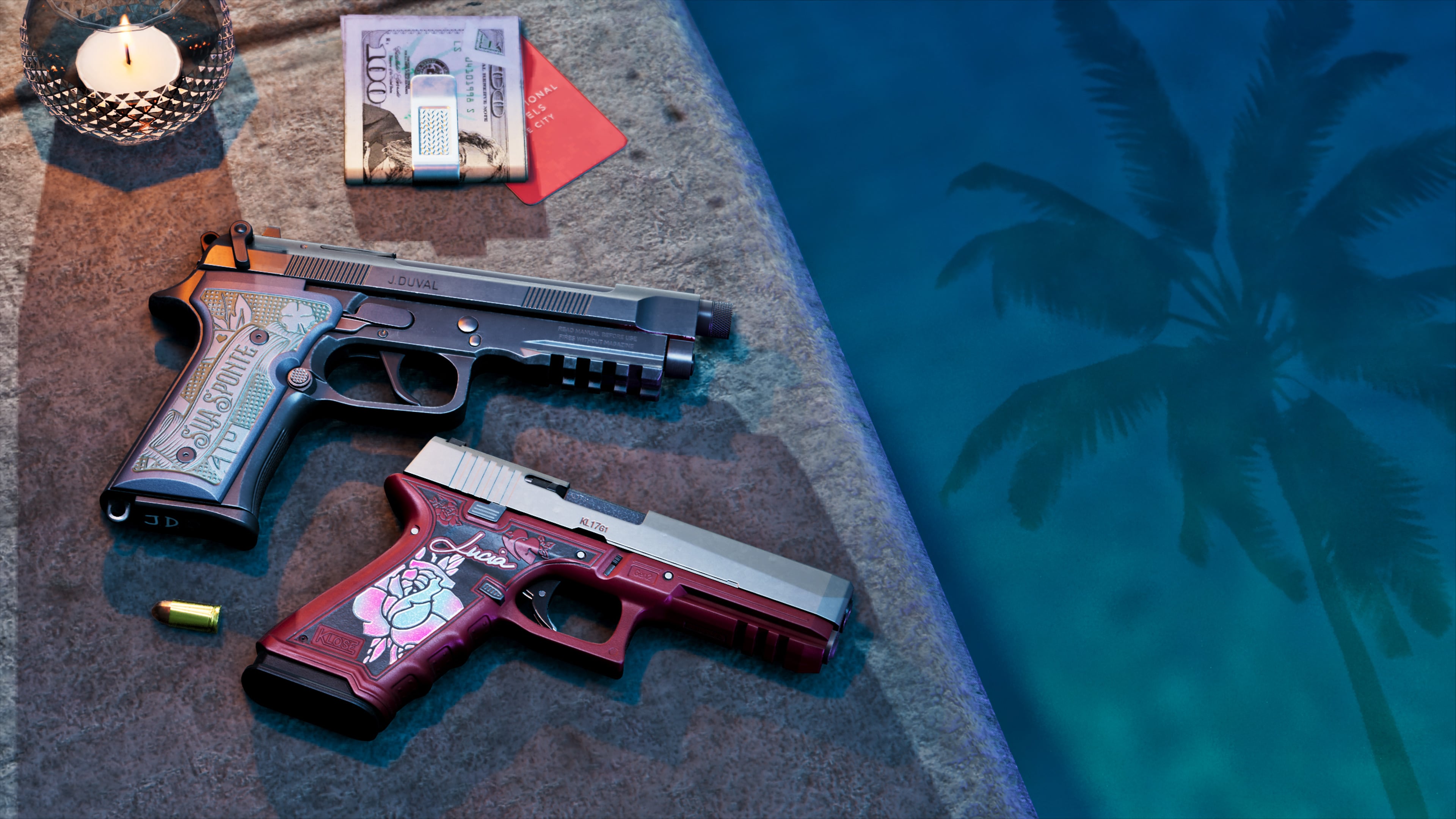 Personalized variants of Jason’s Girardi ES9 and Lucia’s Klose K17 appear in an official Rockstar screenshot.