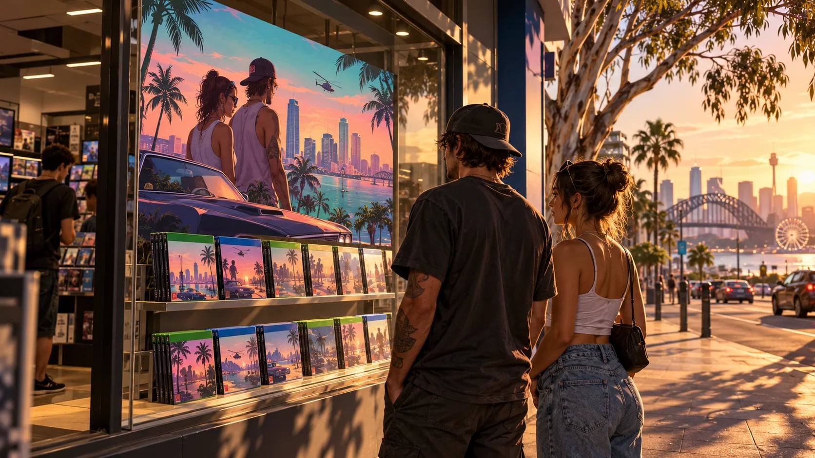 Shoppers outside a game store on a sunlit Australian street. AI-generated editorial illustration inspired by GTA VI graphics; not an official game screenshot.