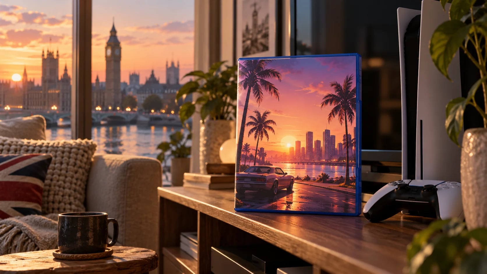 A blank game case and controller in a London apartment at sunset. AI-generated editorial illustration inspired by GTA VI graphics; not an official game screenshot.