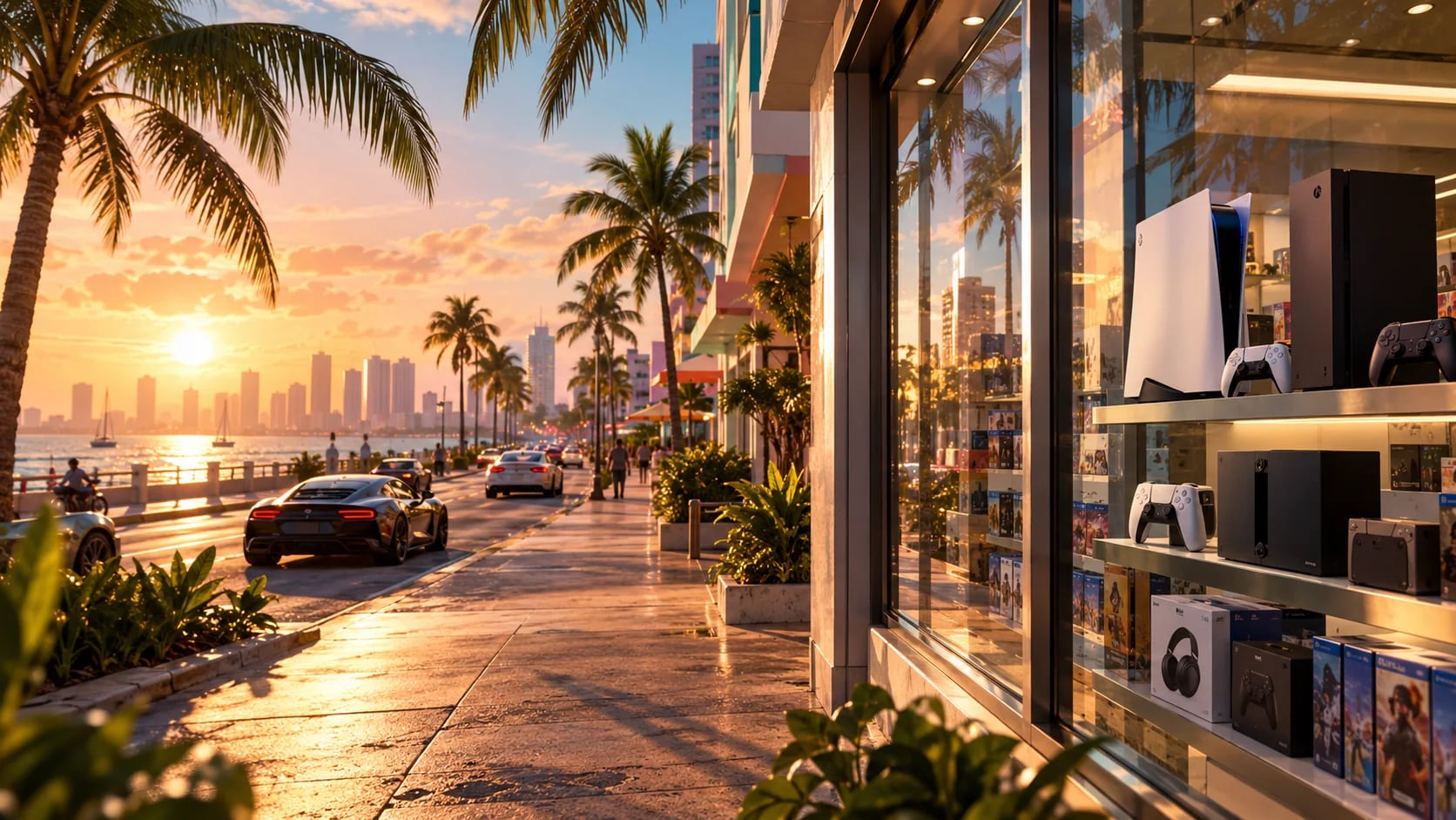 A gaming storefront on a sunlit South Florida waterfront street. AI-generated editorial illustration inspired by GTA VI graphics; not an official game screenshot.