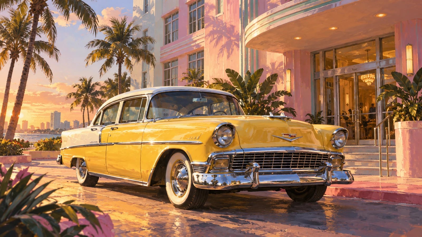 AI-generated editorial illustration: A yellow-and-white 1950s sedan outside an Art Deco hotel. Not an official game screenshot.