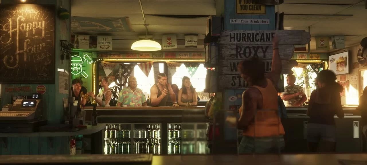 Hurricane-Roxy-Schilder und Flaschen in der Keys-Bar im offiziellen Trailer 2