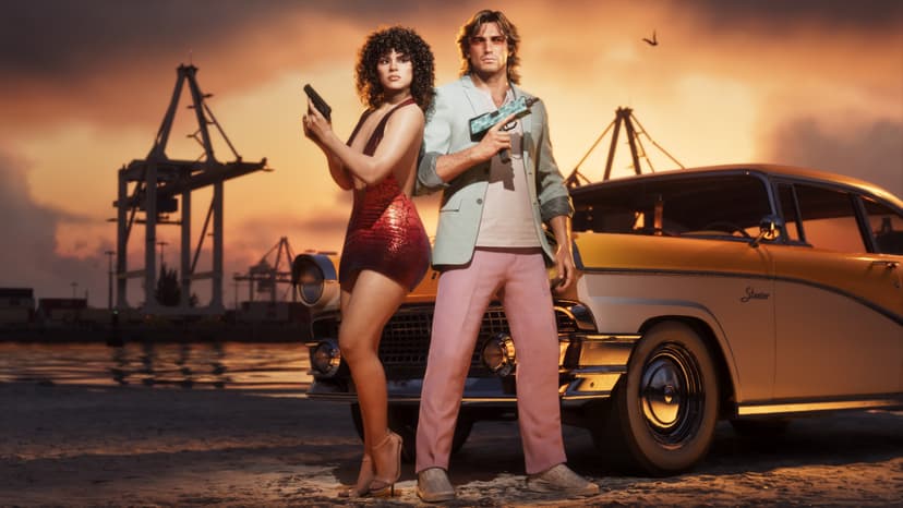 Imagen oficial del Pack Vintage Vice City de Rockstar: Jason, Lucía y el Vapid Stanier (1955) en los muelles.