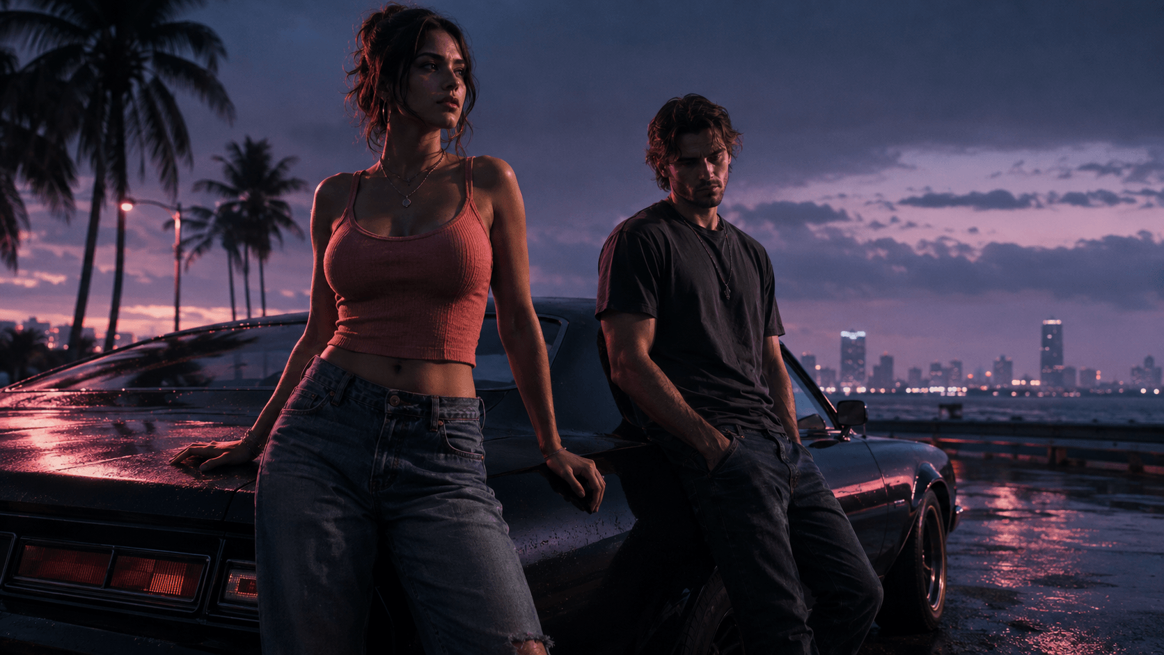 Ilustración editorial generada con IA de Jason y Lucía junto a un coche en una zona costera inspirada en Miami; no es una captura oficial del juego.
