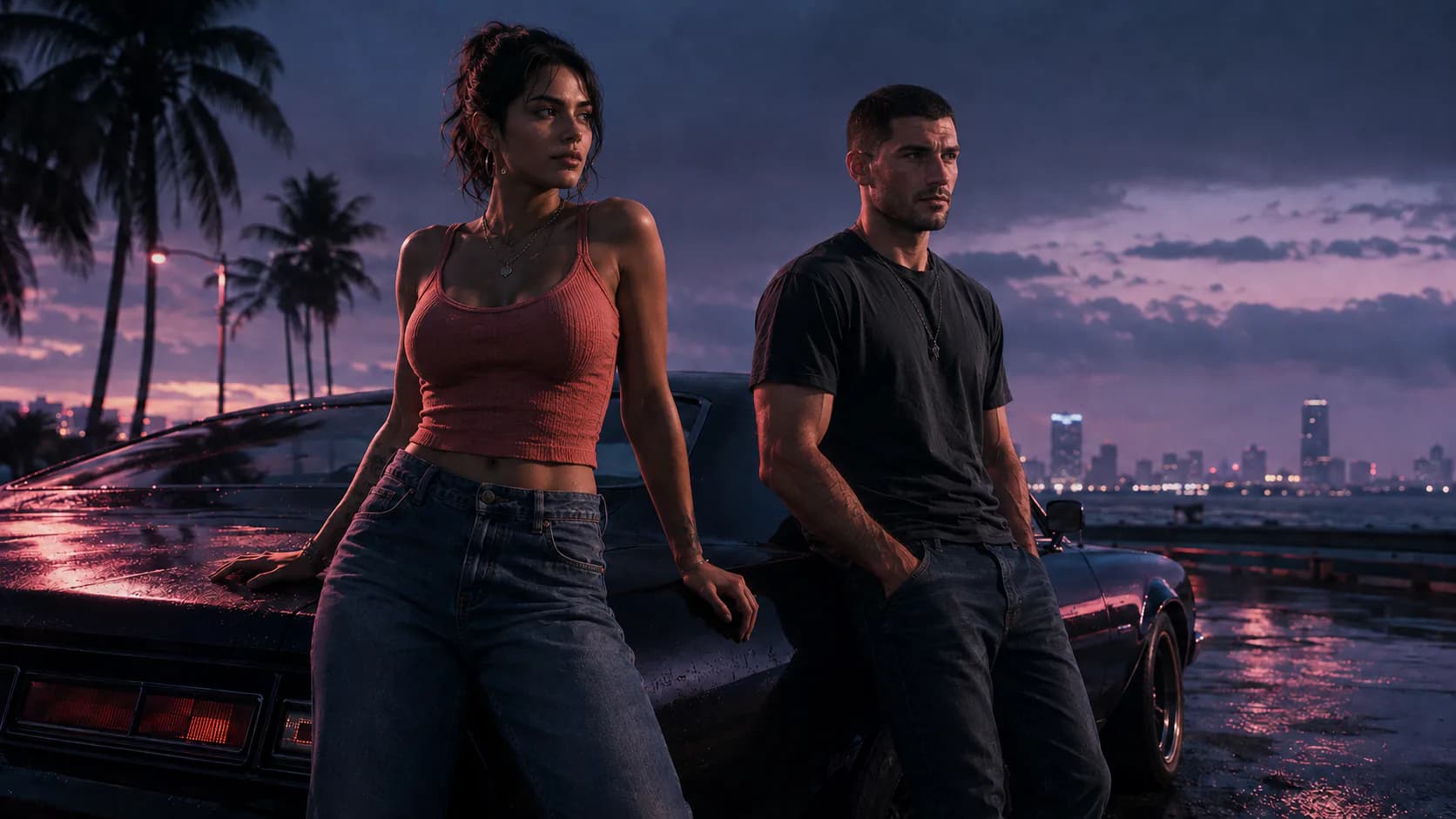 Ilustración editorial de Lucía Caminos y Jason Duval junto a un coche en una zona costera al estilo de Miami.