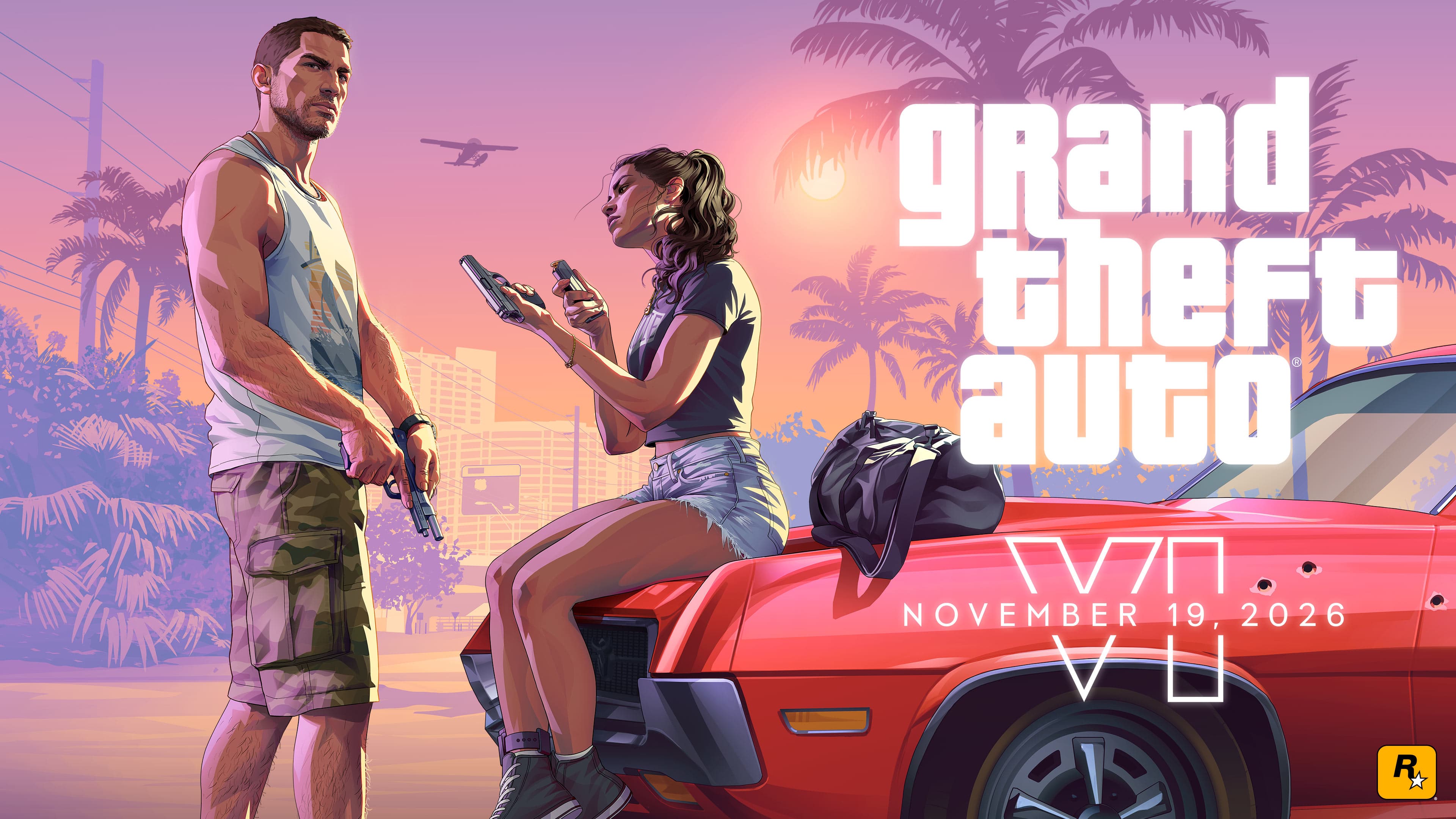 Offizielles Launch-Artwork von Grand Theft Auto VI mit Jason und Lucia, Pistolen und einem roten Auto, 19. November 2026
