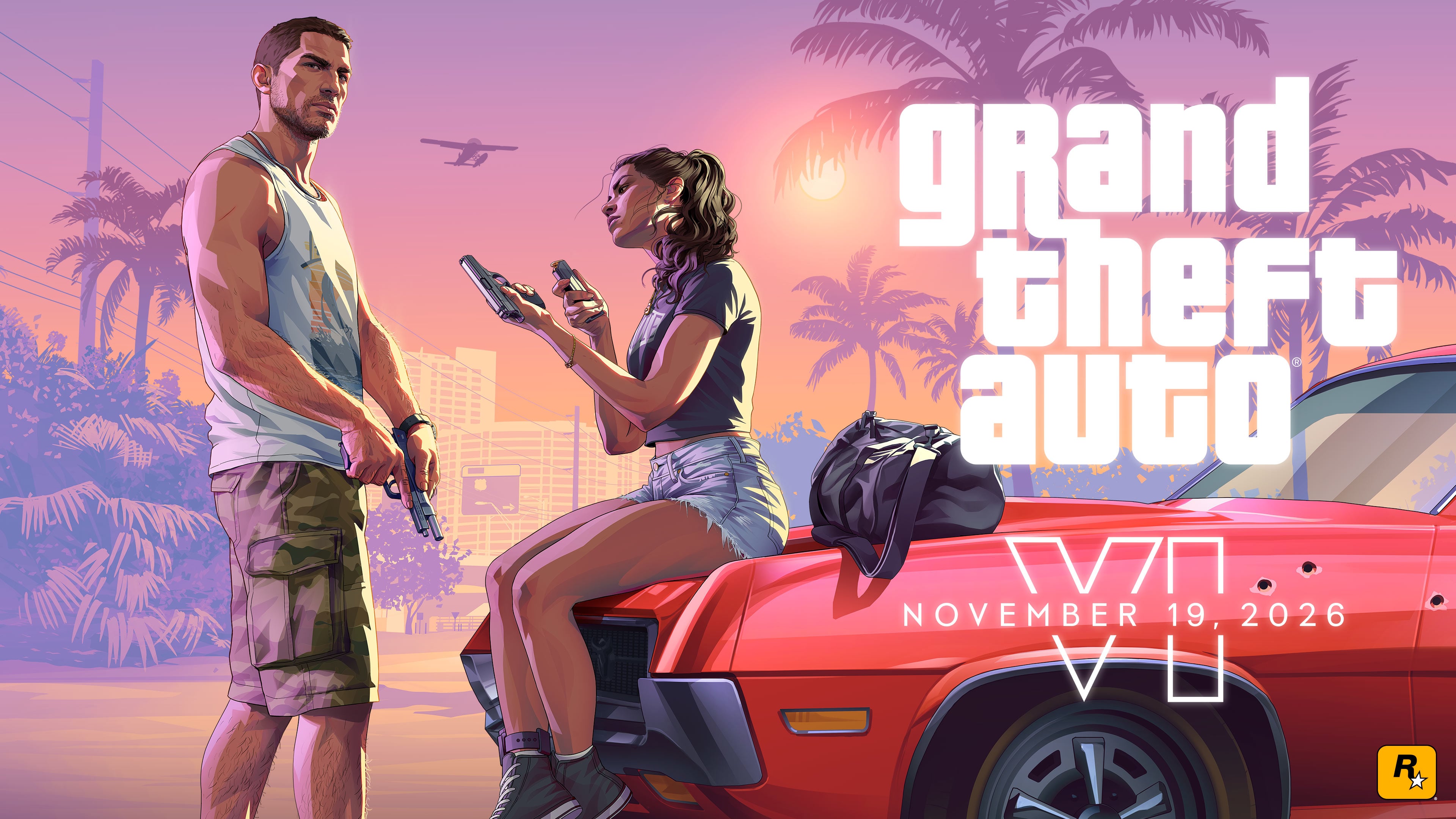 Официальная иллюстрация к выходу Grand Theft Auto VI: Джейсон и Лусия с пистолетами у красной машины, 19 ноября 2026 года