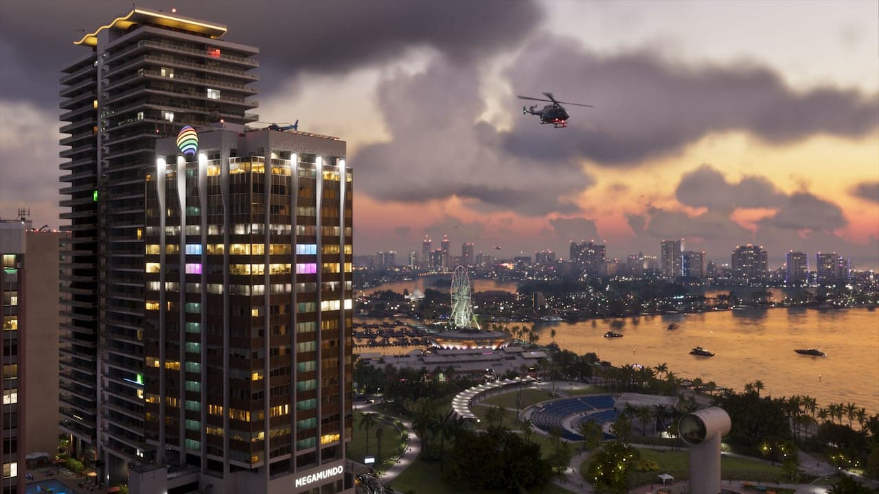 Horizonte costero de Vice City al anochecer, imagen oficial de GTA VI de Rockstar