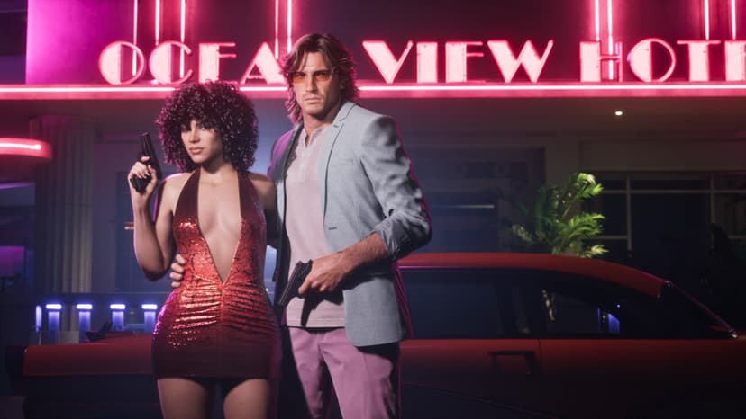 Imagem oficial do Pacote Vintage Vice City da Rockstar com o Hotel Ocean View.