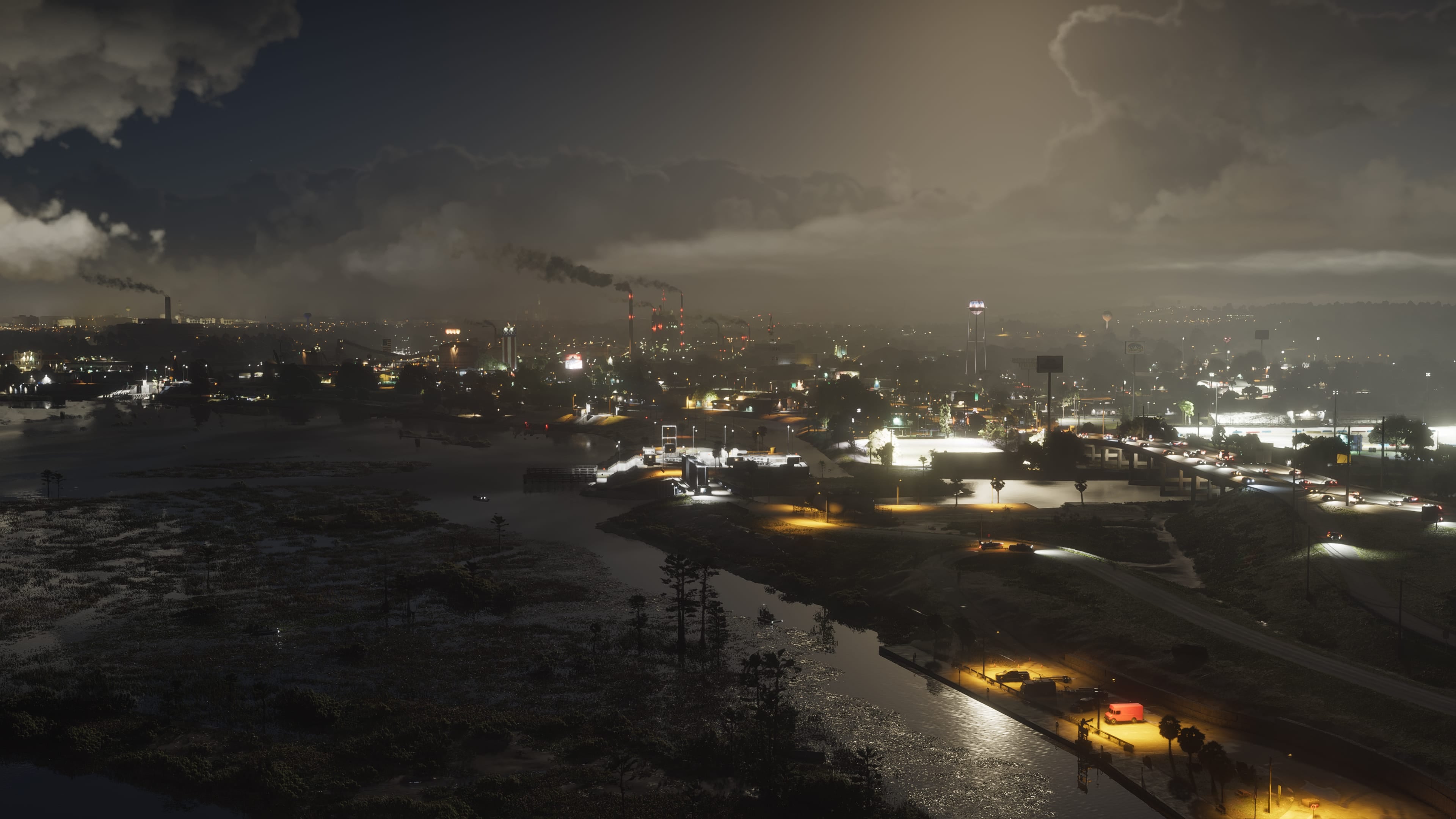 Official Rockstar GTA VI image of Ambrosia’s industrial skyline at night