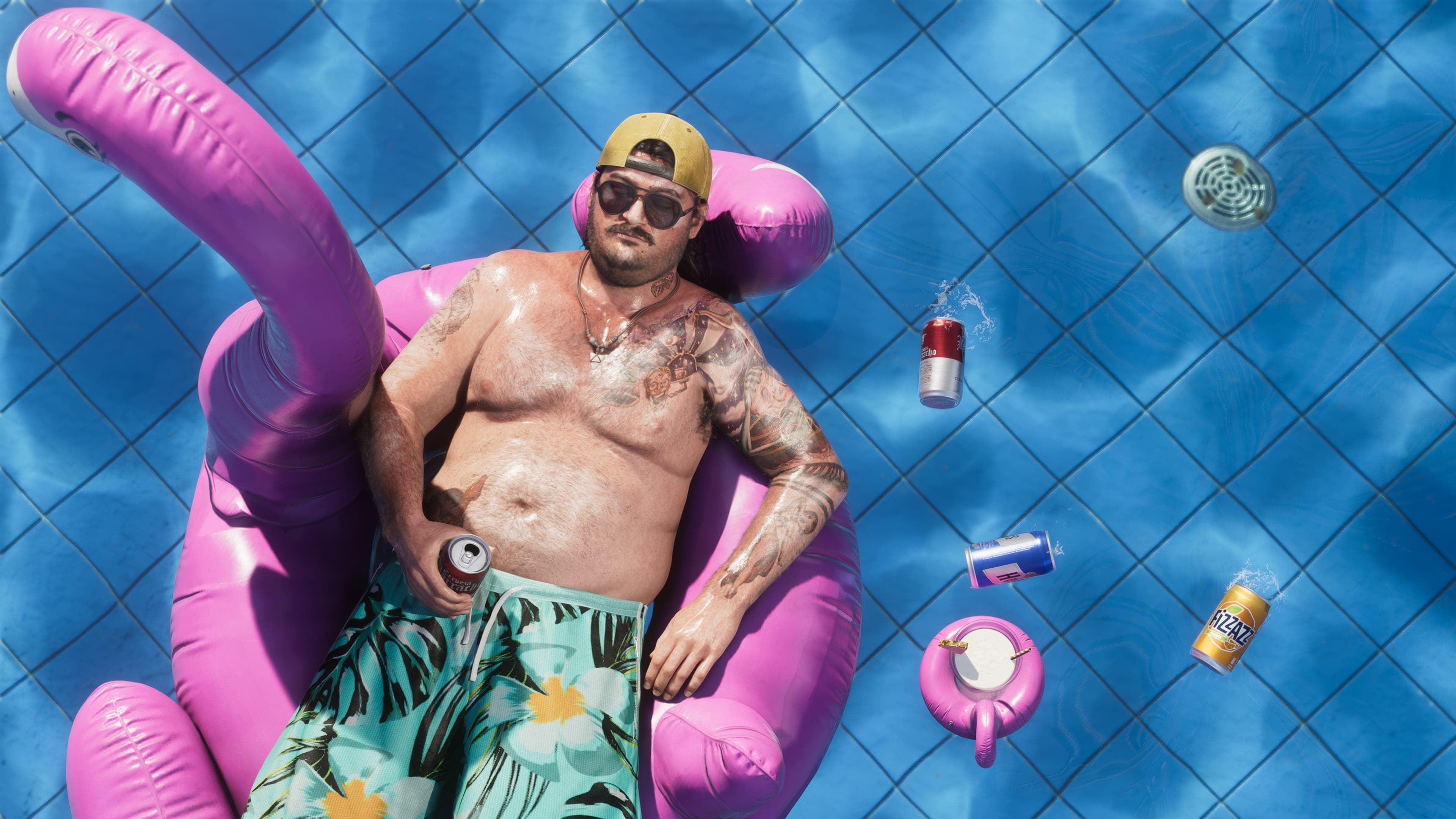Cal Hampton, shirtless in a cap and sunglasses, lies on a pink flamingo float in a pool with beer cans floating around him