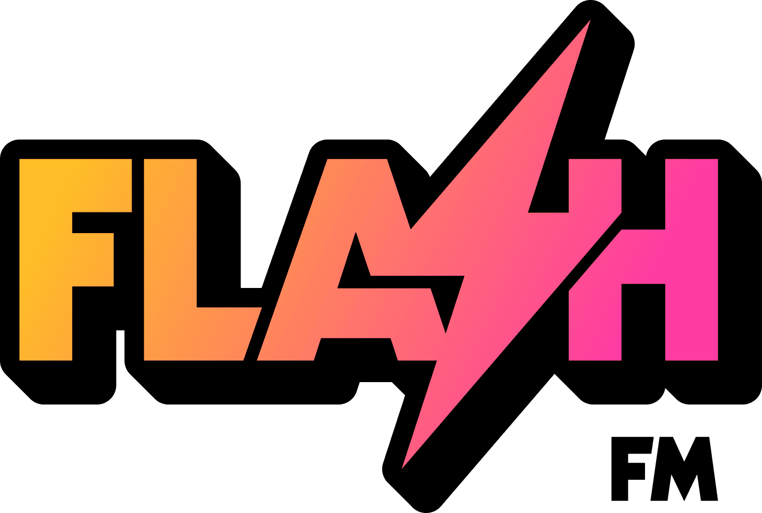 Official Rockstar Flash FM logo with a lightning bolt and pink, orange and yellow lettering.
