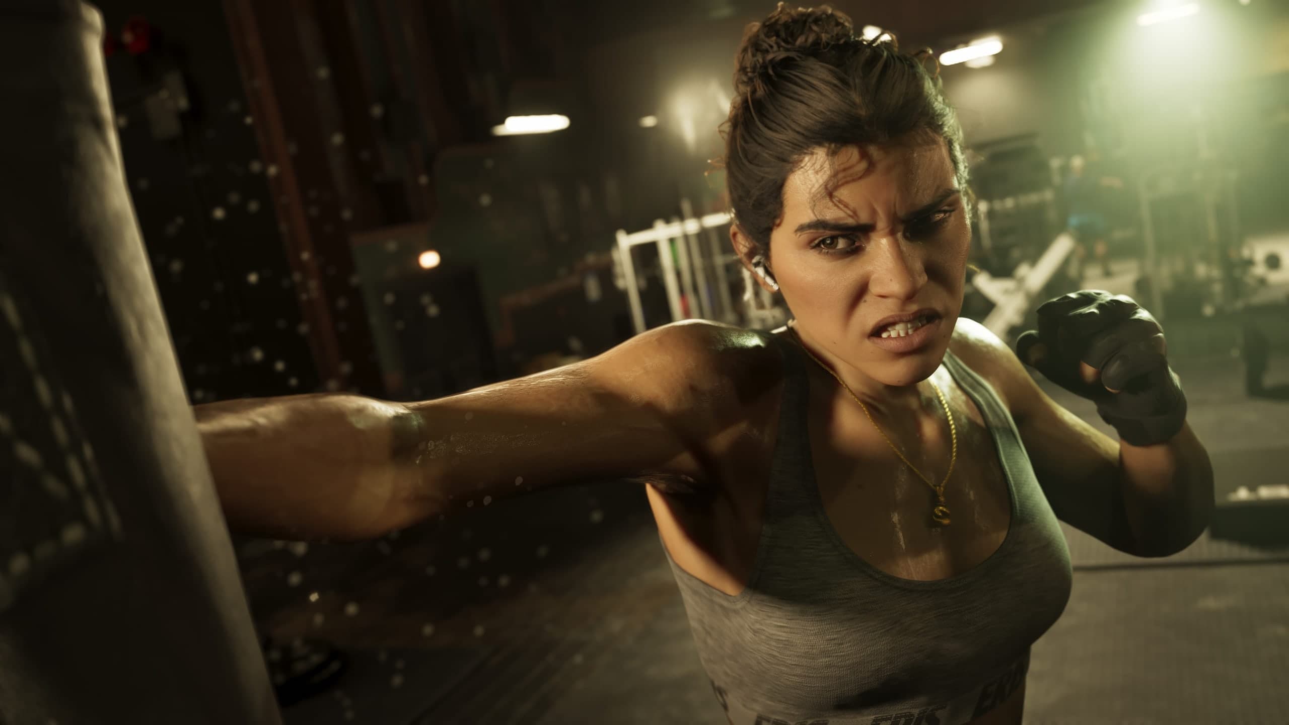Lucía Caminos golpea un saco en un gimnasio, imagen oficial de Rockstar