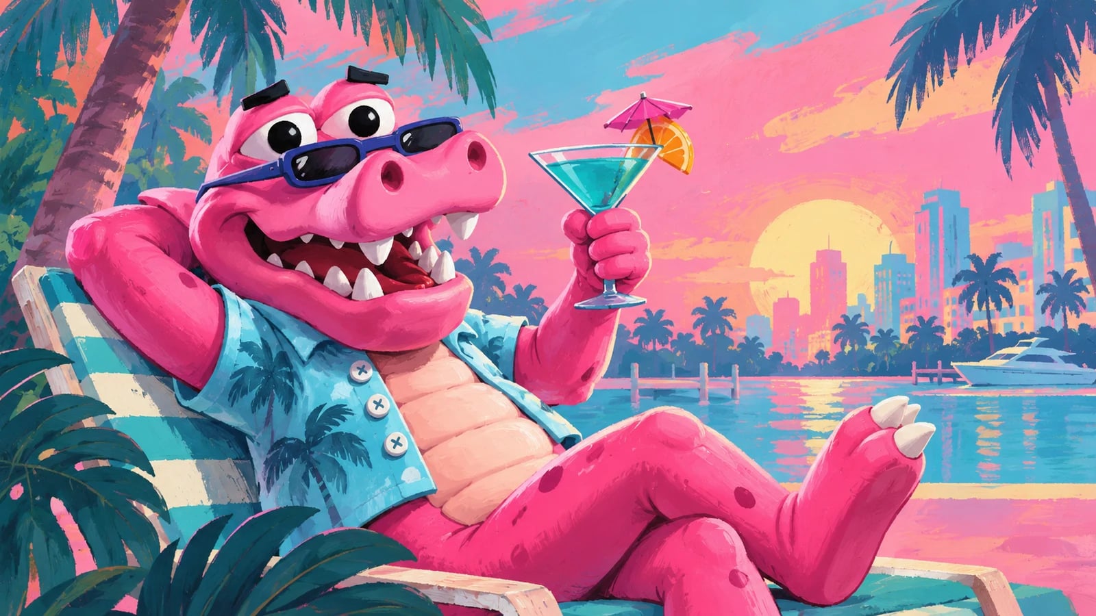 Ilustración editorial generada con IA: caimán rosa de caricatura con lentes de sol y camisa tropical junto al agua. No es una captura oficial del juego.