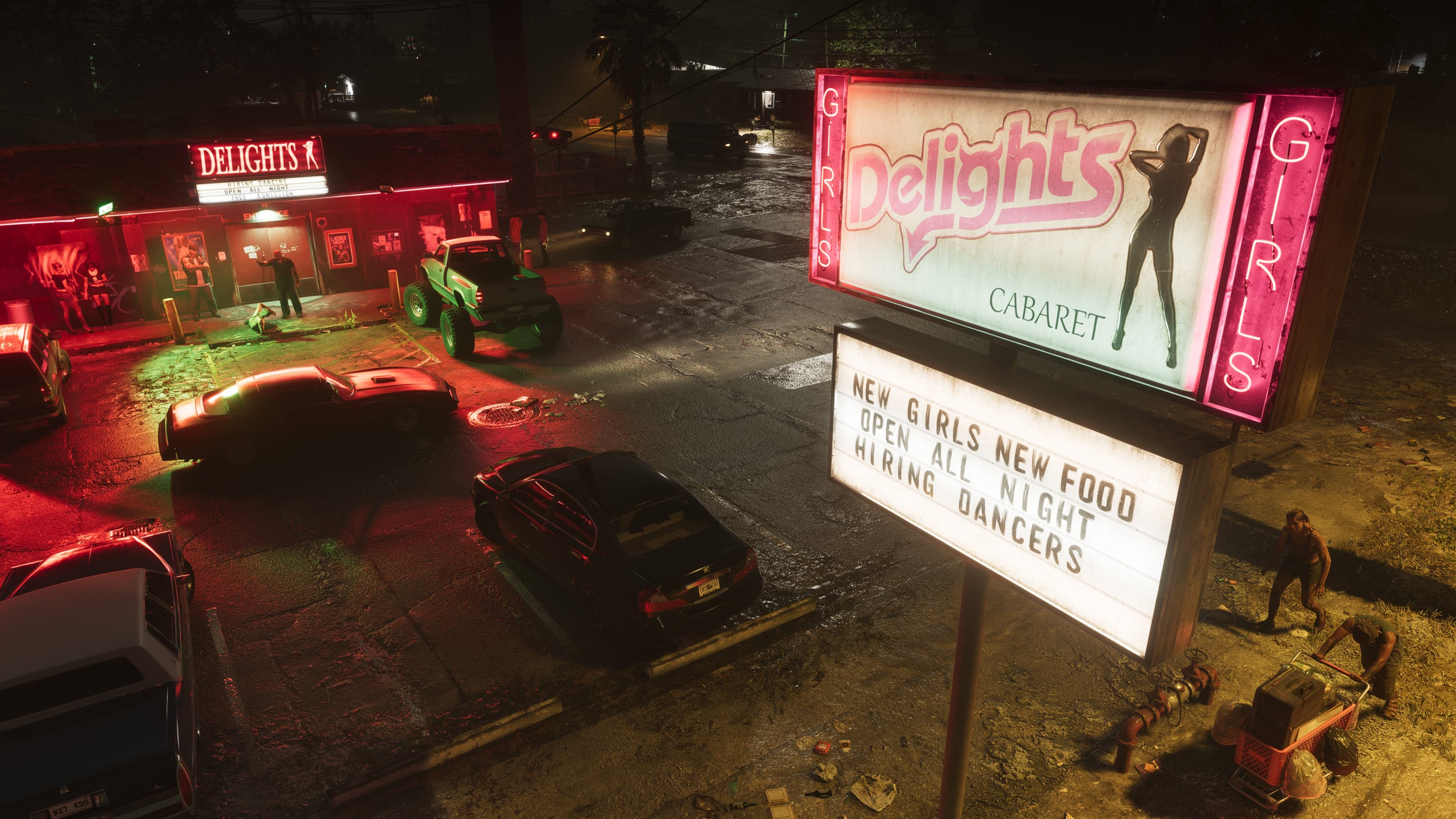 The neon sign of Delights Cabaret above a rain-soaked parking lot at night in Port Gellhorn