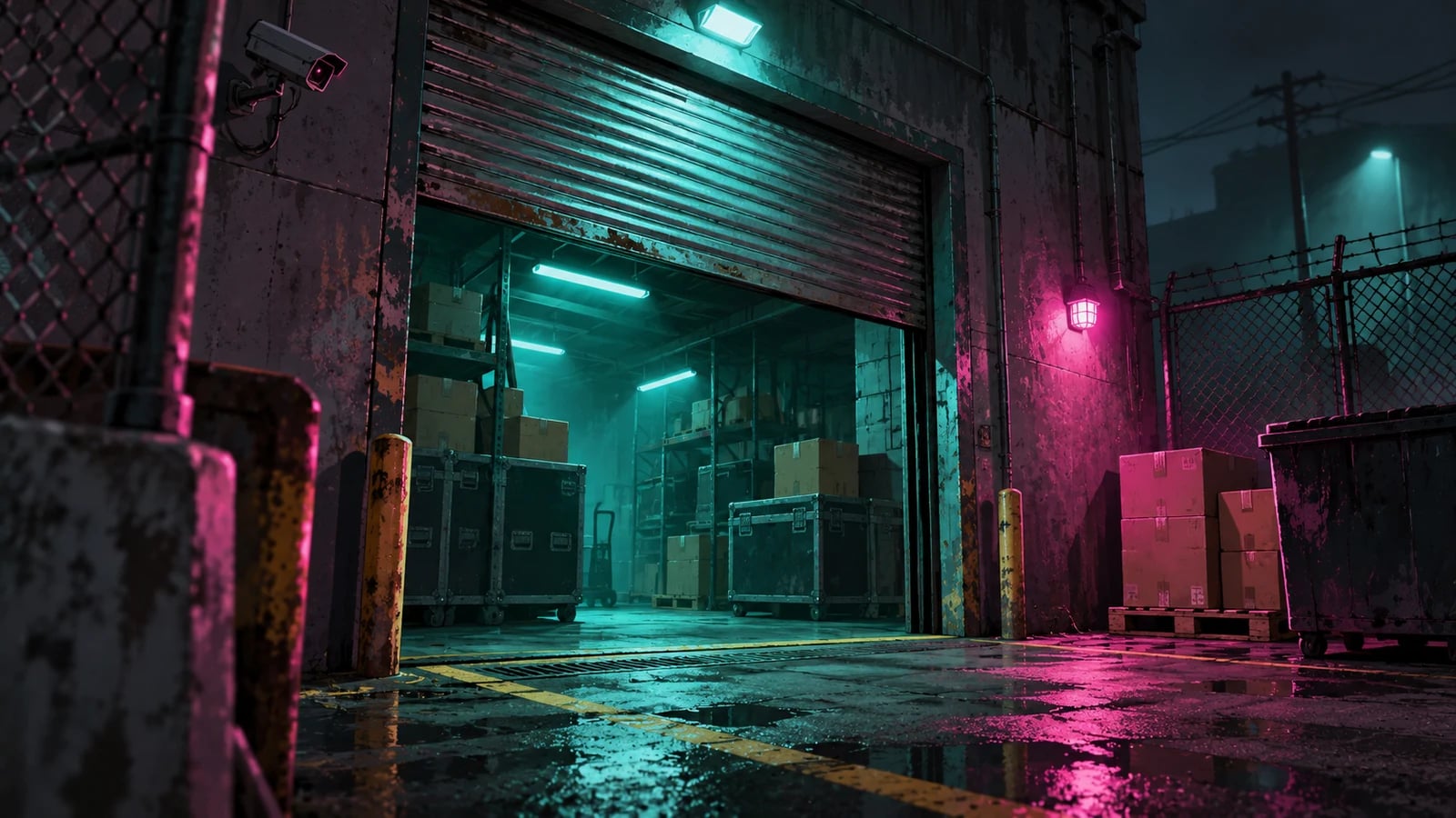 Ilustración editorial generada con IA: entrada de carga de un almacén con cajas, luces verde azuladas y una cerca de malla de noche. No es una captura oficial del juego.