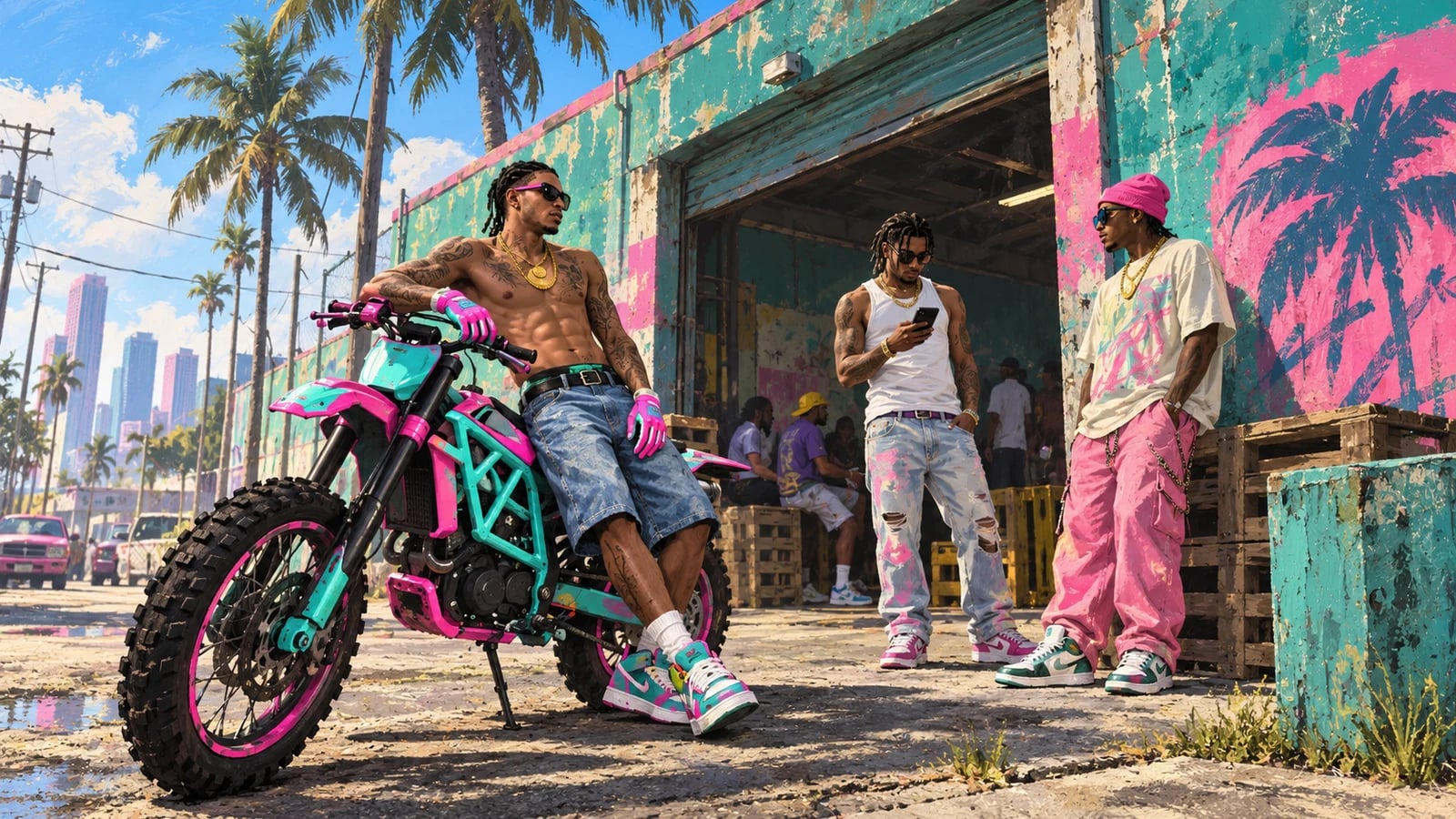 Ilustración editorial generada con IA: adultos con ropa urbana y una moto rosa y cian ante un almacén inspirado en Florida. No es una captura oficial del juego.