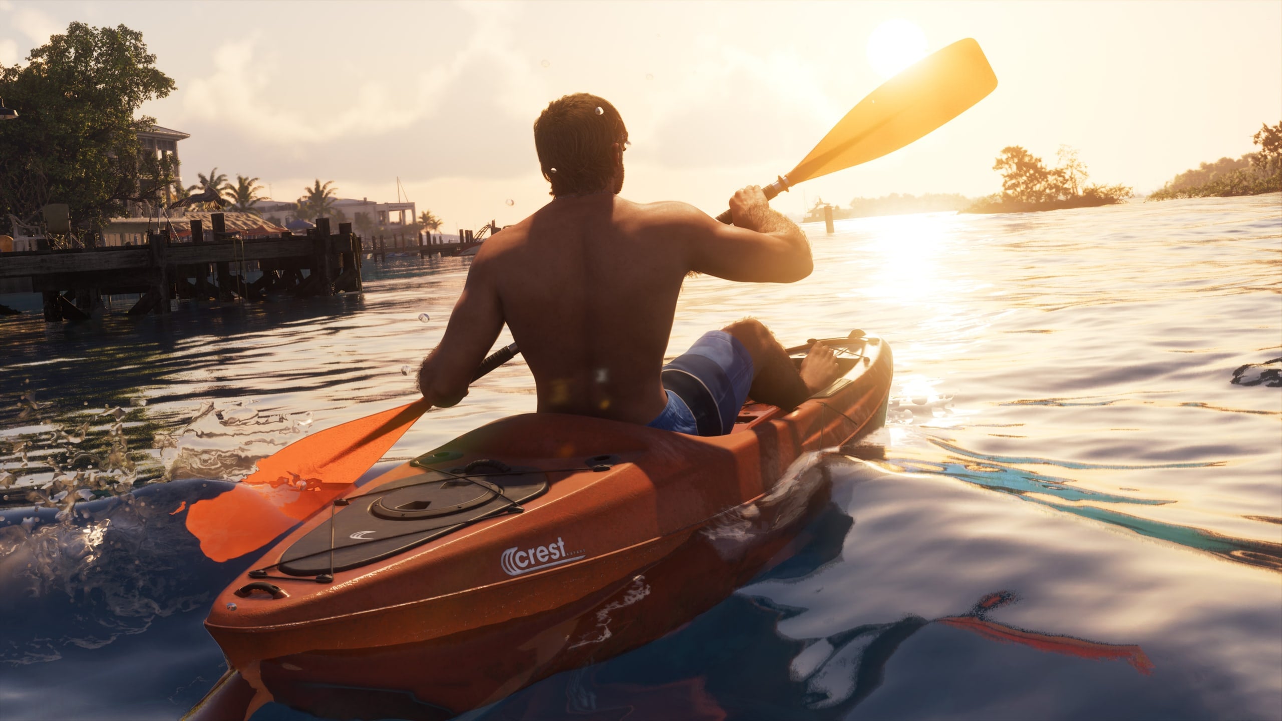 O Jason navega num Crest Kayak laranja em uma captura de tela oficial da Rockstar.