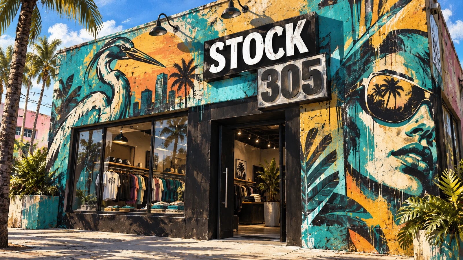 Ilustración editorial generada con IA de una tienda de ropa urbana de Miami inspirada en Stock 305; no es una captura oficial del juego.