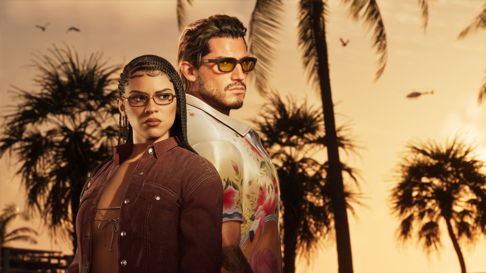 Arte oficial de Rockstar de la Ultimate Edition de GTA VI con dos personajes entre palmeras.