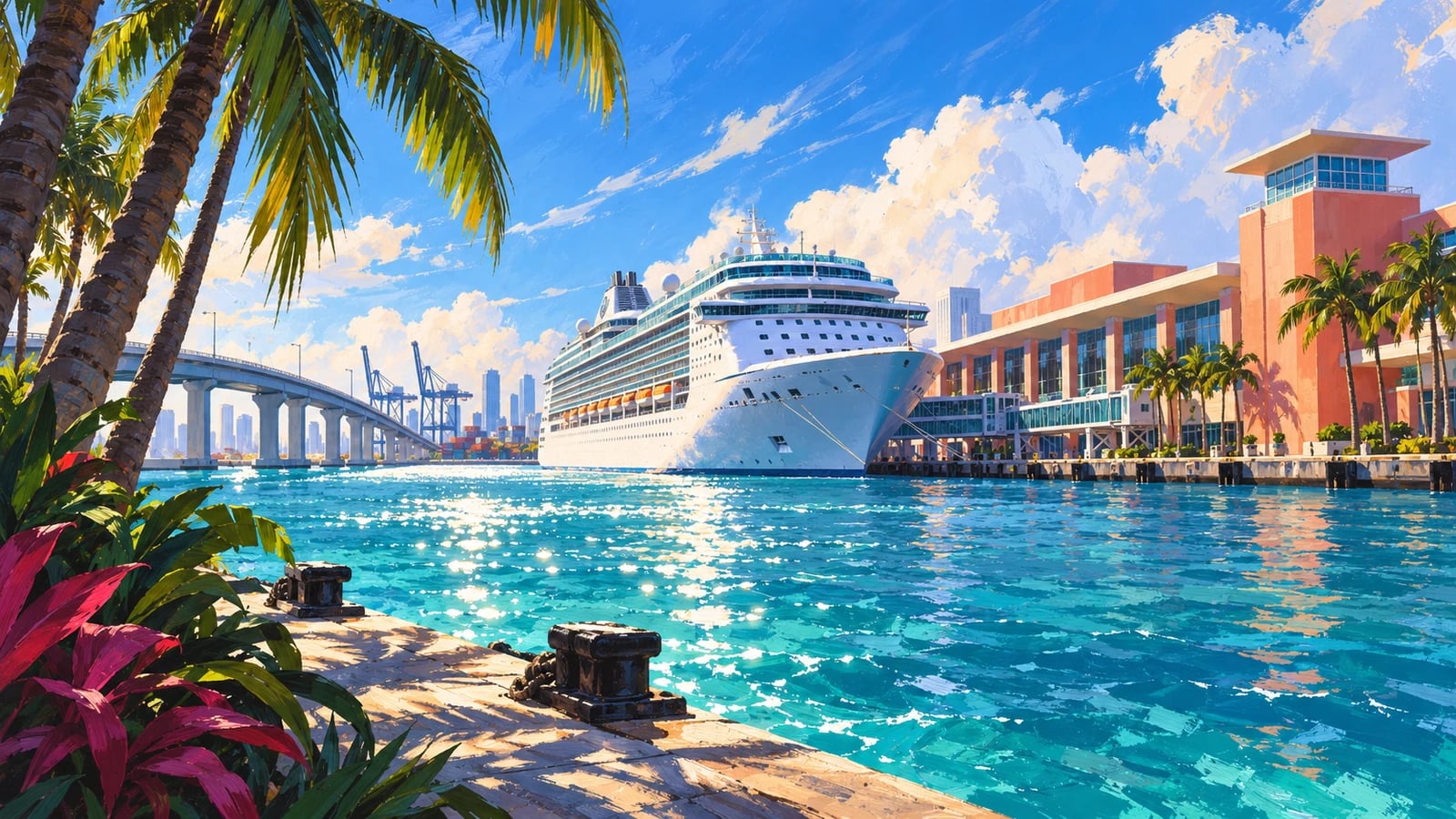 Ilustração editorial gerada por IA: navio de cruzeiro atracado num porto tropical com terminais, ponte e palmeiras. Não é uma captura de tela oficial do jogo.