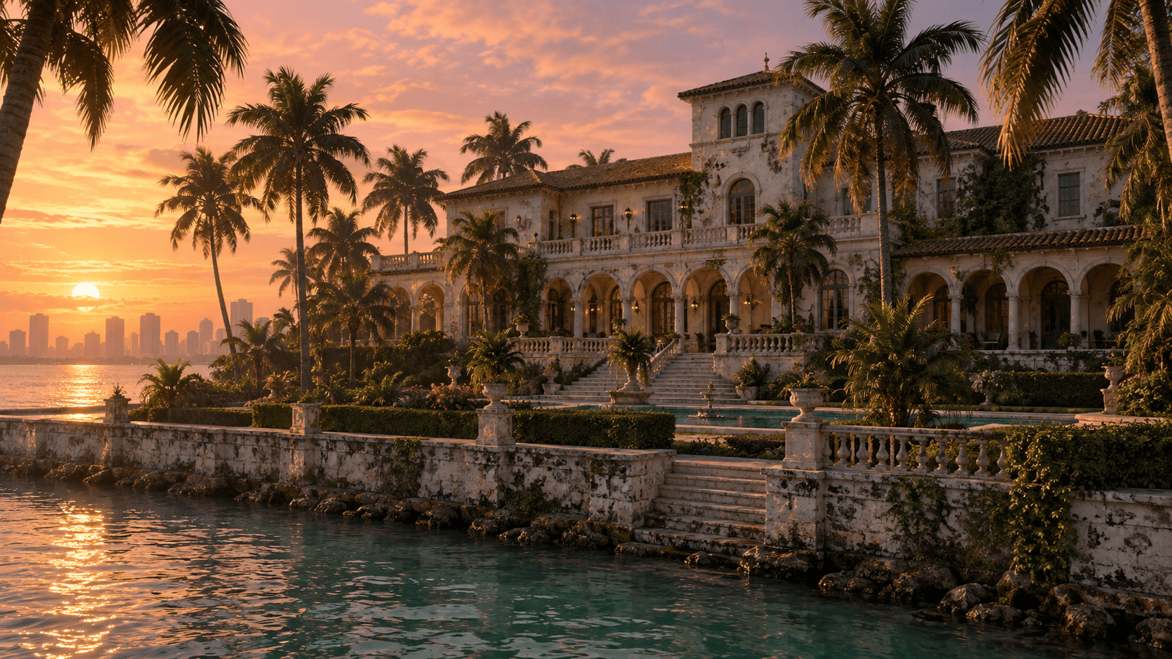 AI-generated editorial illustration of a tropical waterfront estate; not confirmed as the exact Vercetti Estate design or an official Rockstar screenshot.