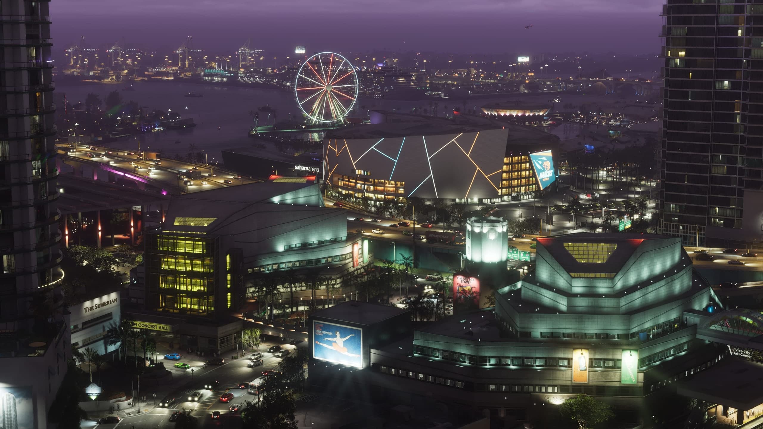 Vice City nocturna con Sahara Arena, rueda de la fortuna y puerto, imagen oficial de Rockstar